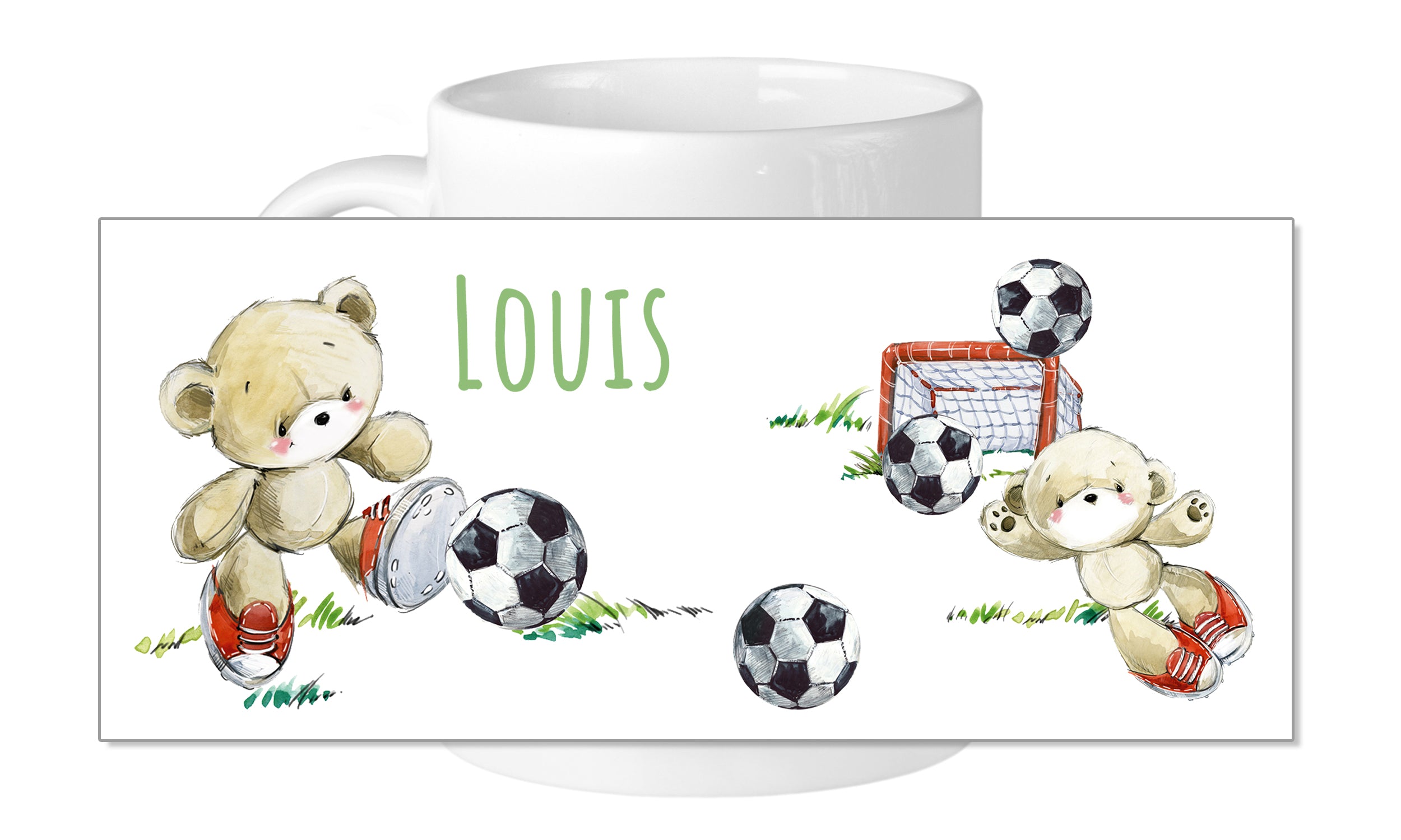Kaffeetasse mit spielenden Bären und Fußballmotiven.