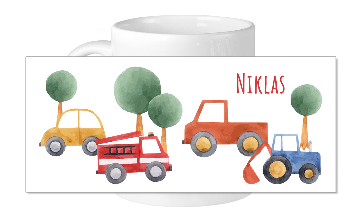 Bunte Fahrzeuge und Bäume mit dem Namen Niklas.