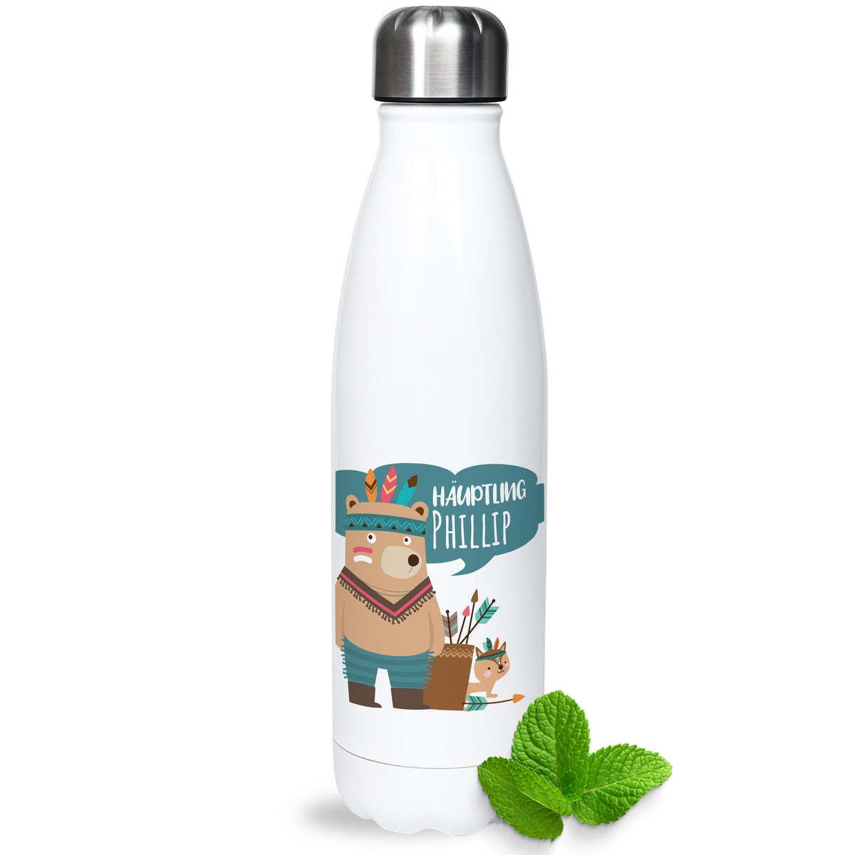 Weiße Edelstahl-Trinkflasche mit lustigem Tierdesign.