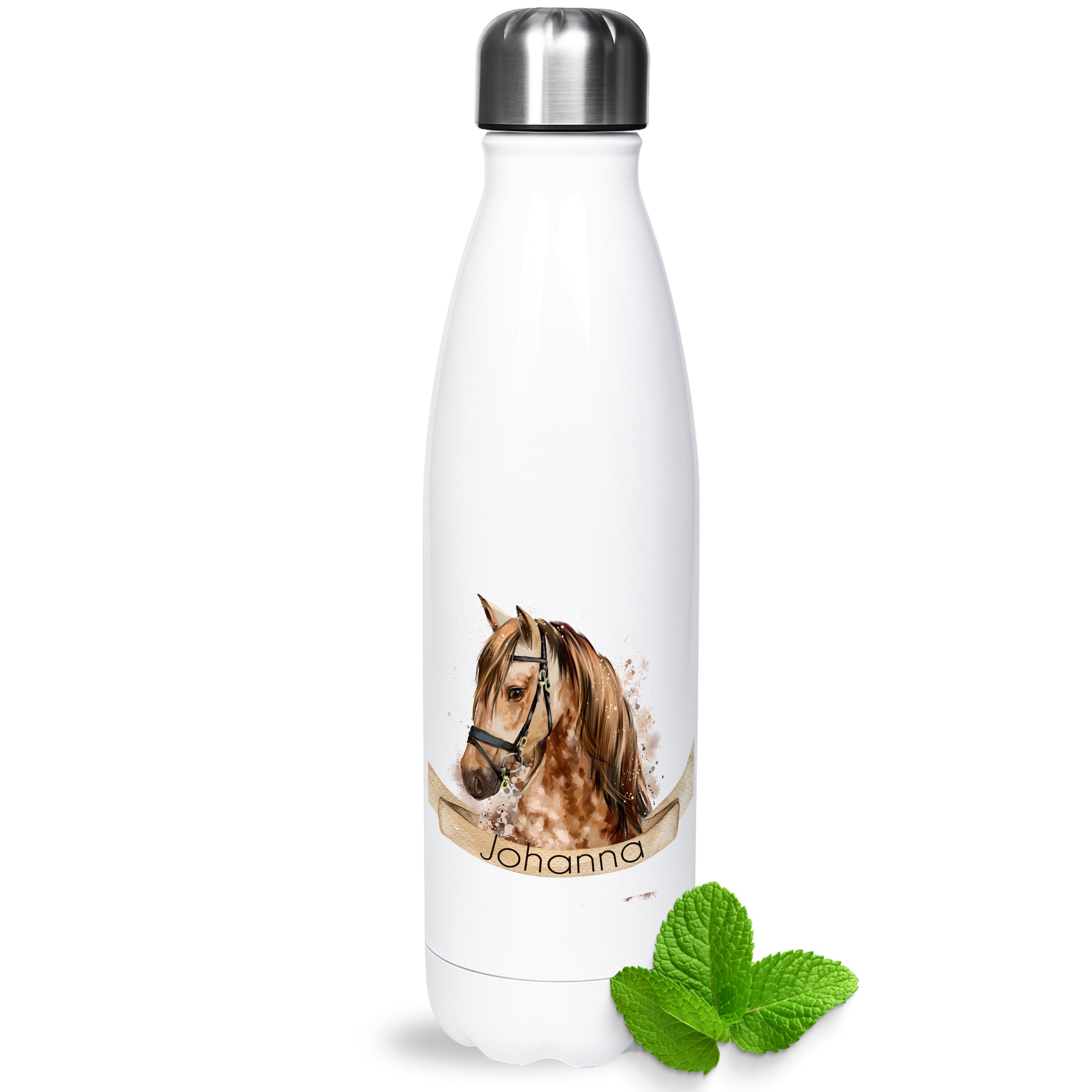 Weiße Trinkflasche mit Pferdemotiv und personalisiertem Namen.