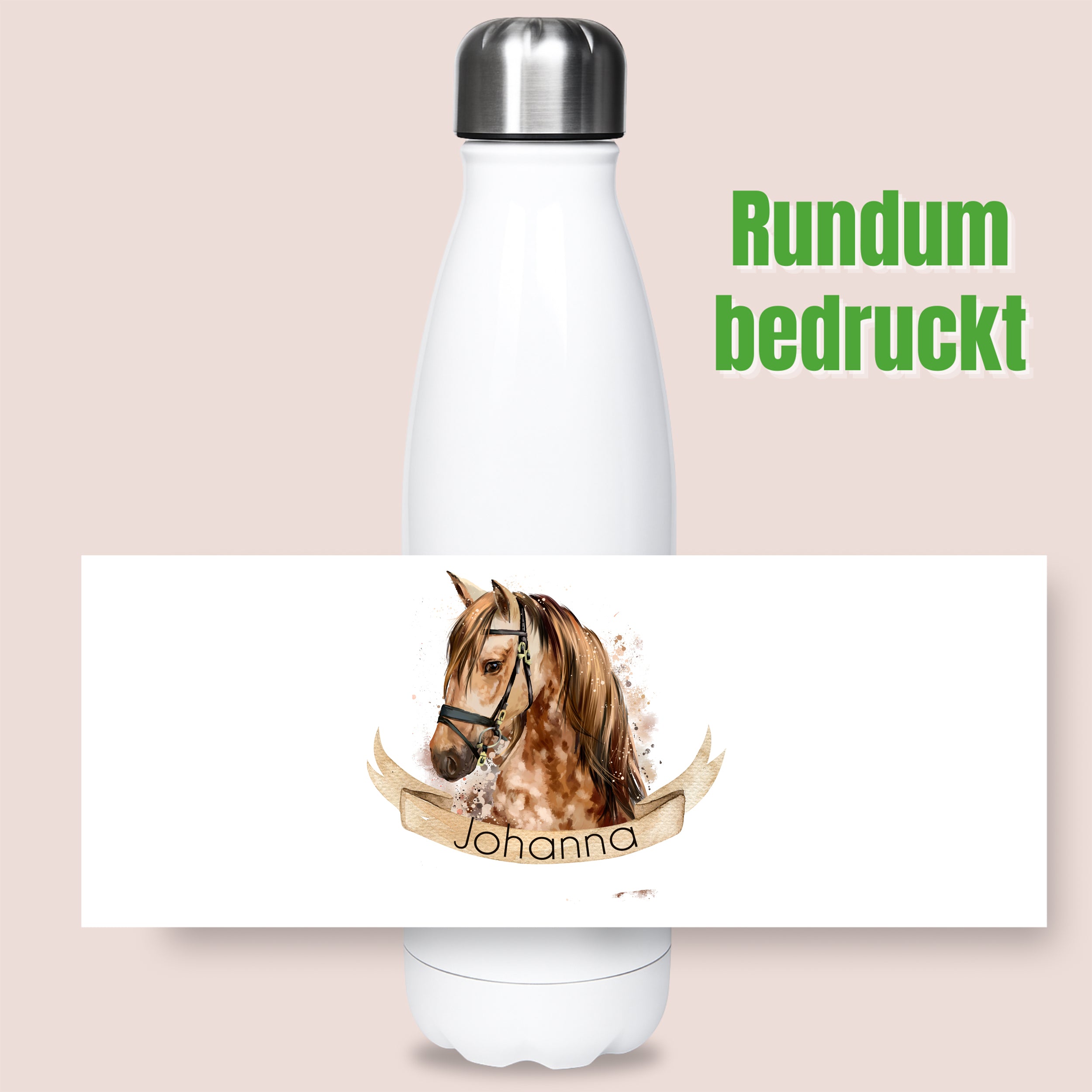 Weiße Edelstahl-Trinkflasche mit Pferdemotiv und Namen Johanna.