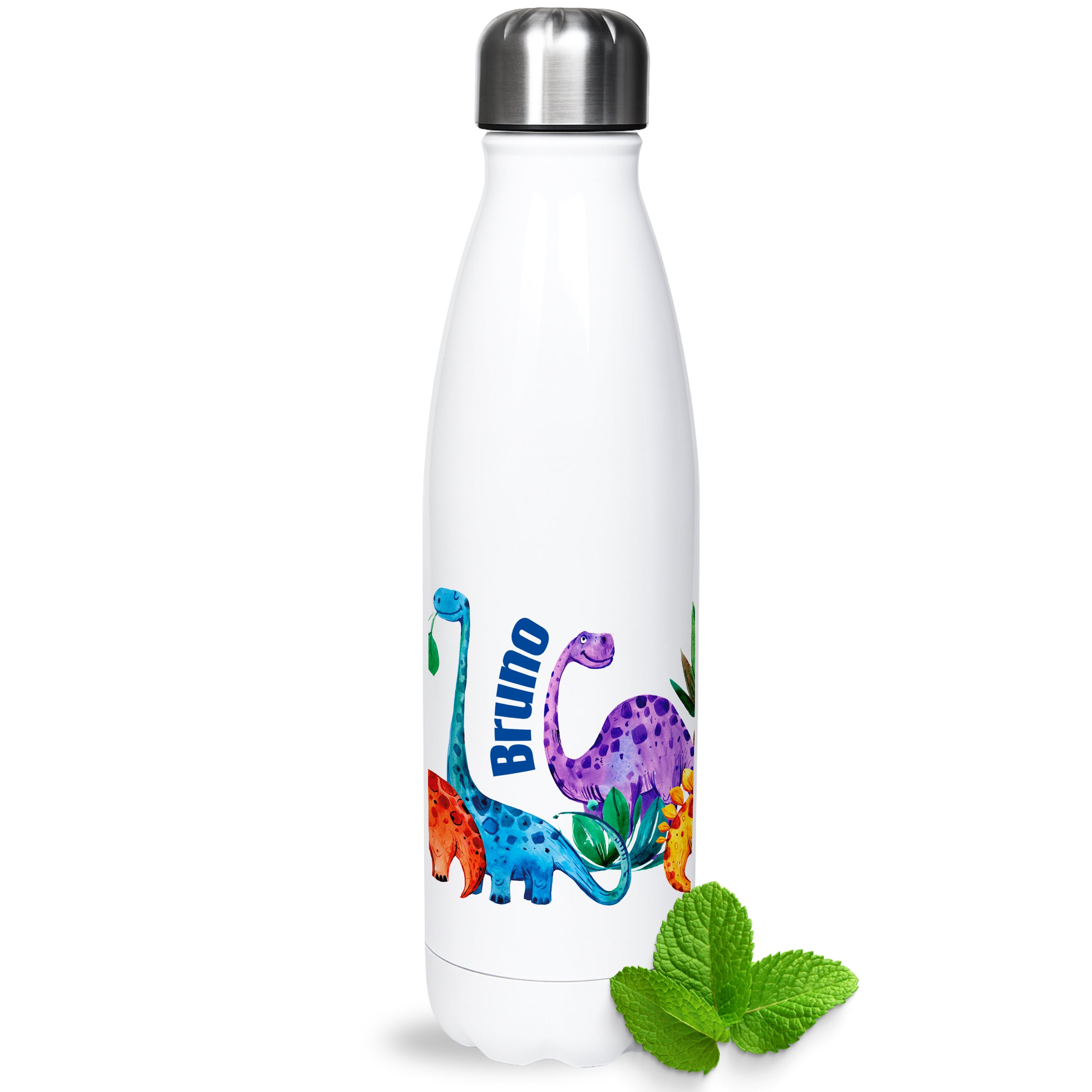 Weiße Trinkflasche mit bunten Dinosaurier-Motiven und Namen.