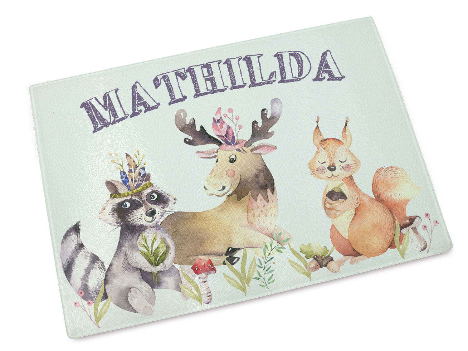 Kinderteller mit Tieren, pastellgrün, Name "Mathilda" oben.