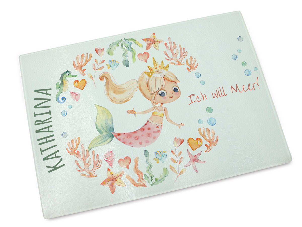 Mermaid-Motiv in Pastellfarben mit Namen und Spruch.