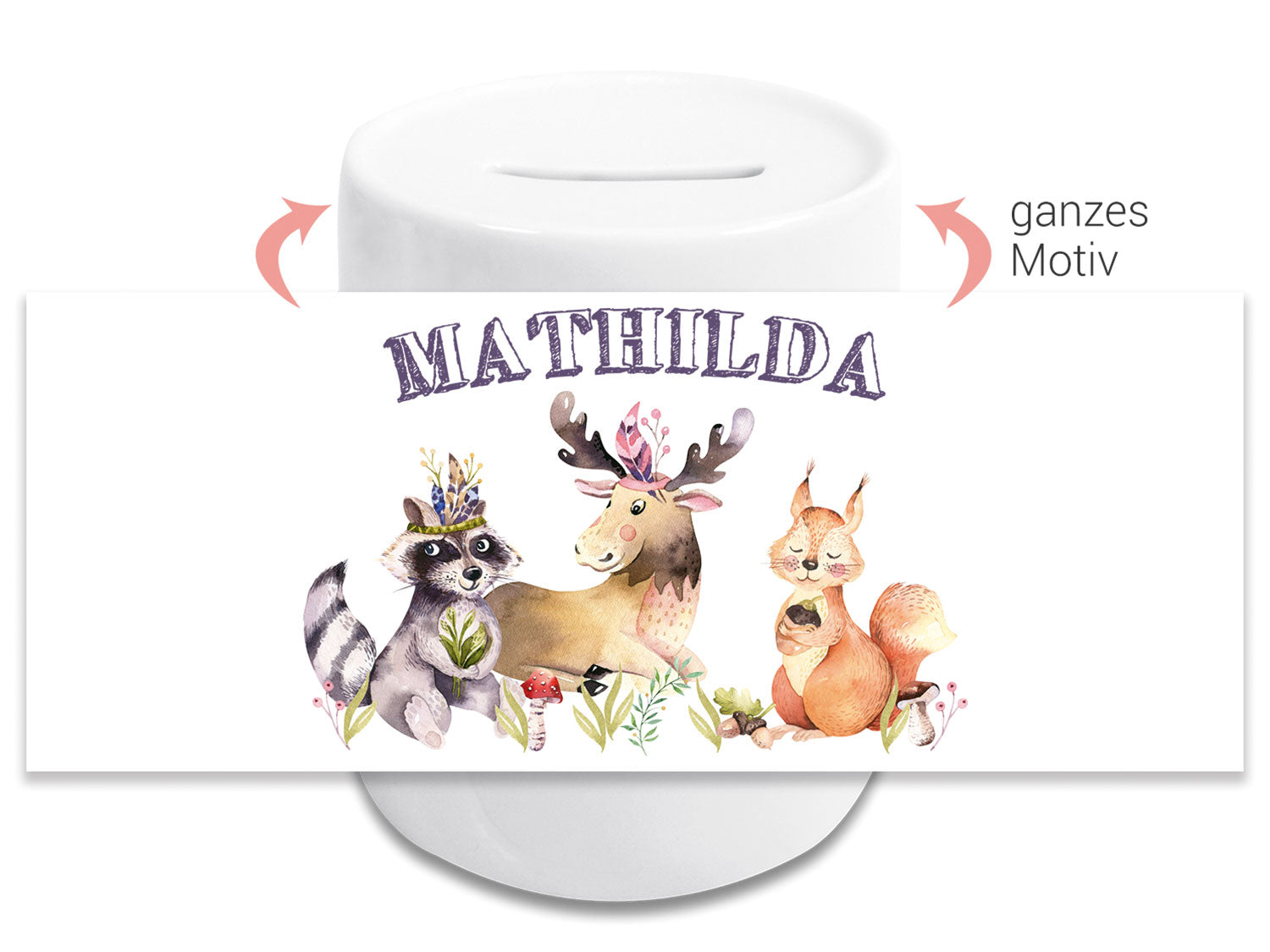 Tiermotiv mit Waschbär, Reh und Eichhörnchen, Name Mathilda.