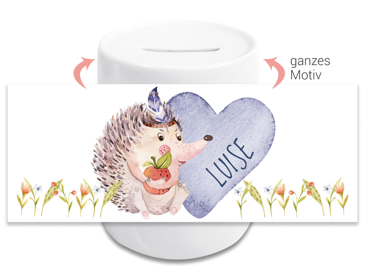 Igel mit Herz und Namen "Luise", pastellfarbenes Design.