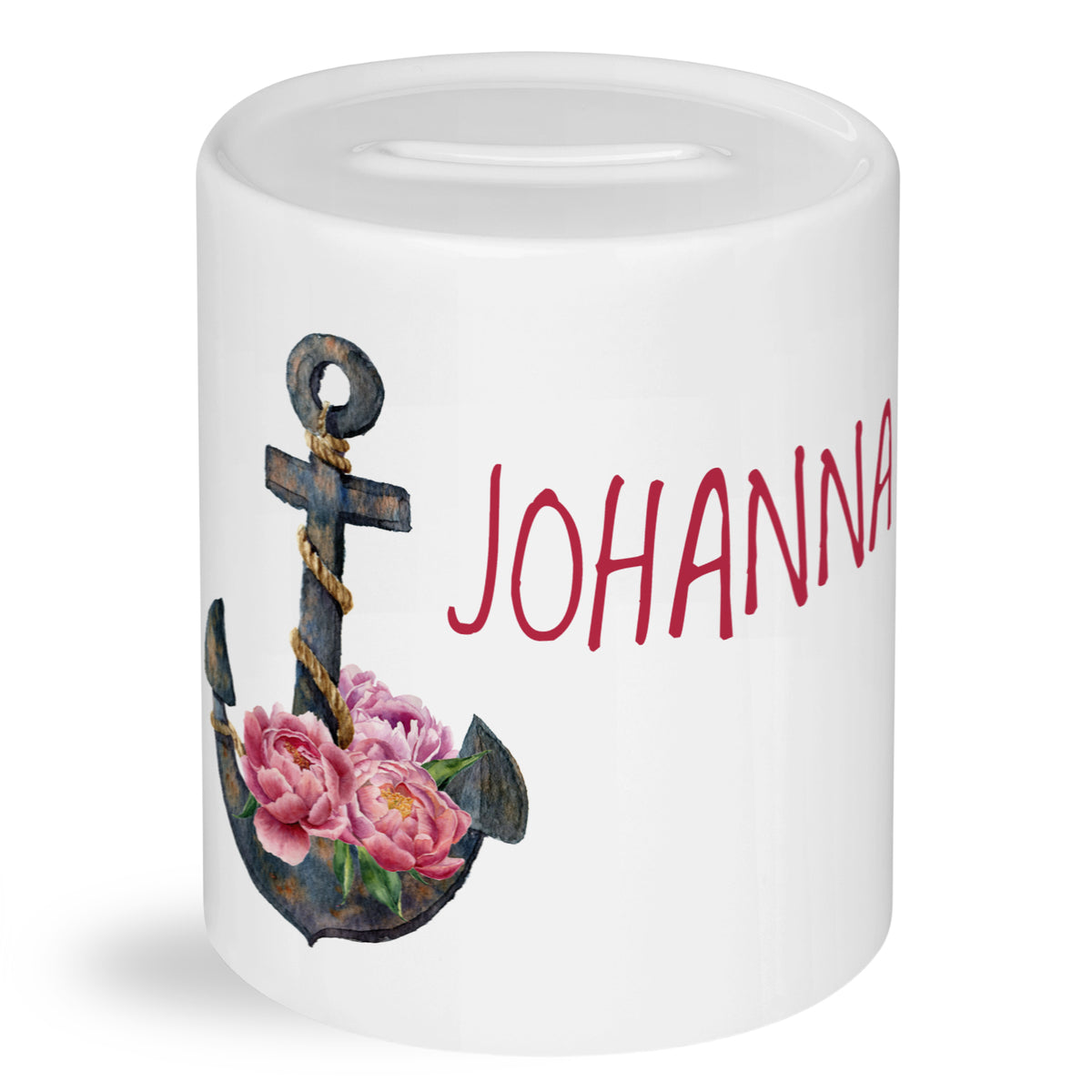 Weißer Spardose mit Anker und rosa Blumen, personalisiert.