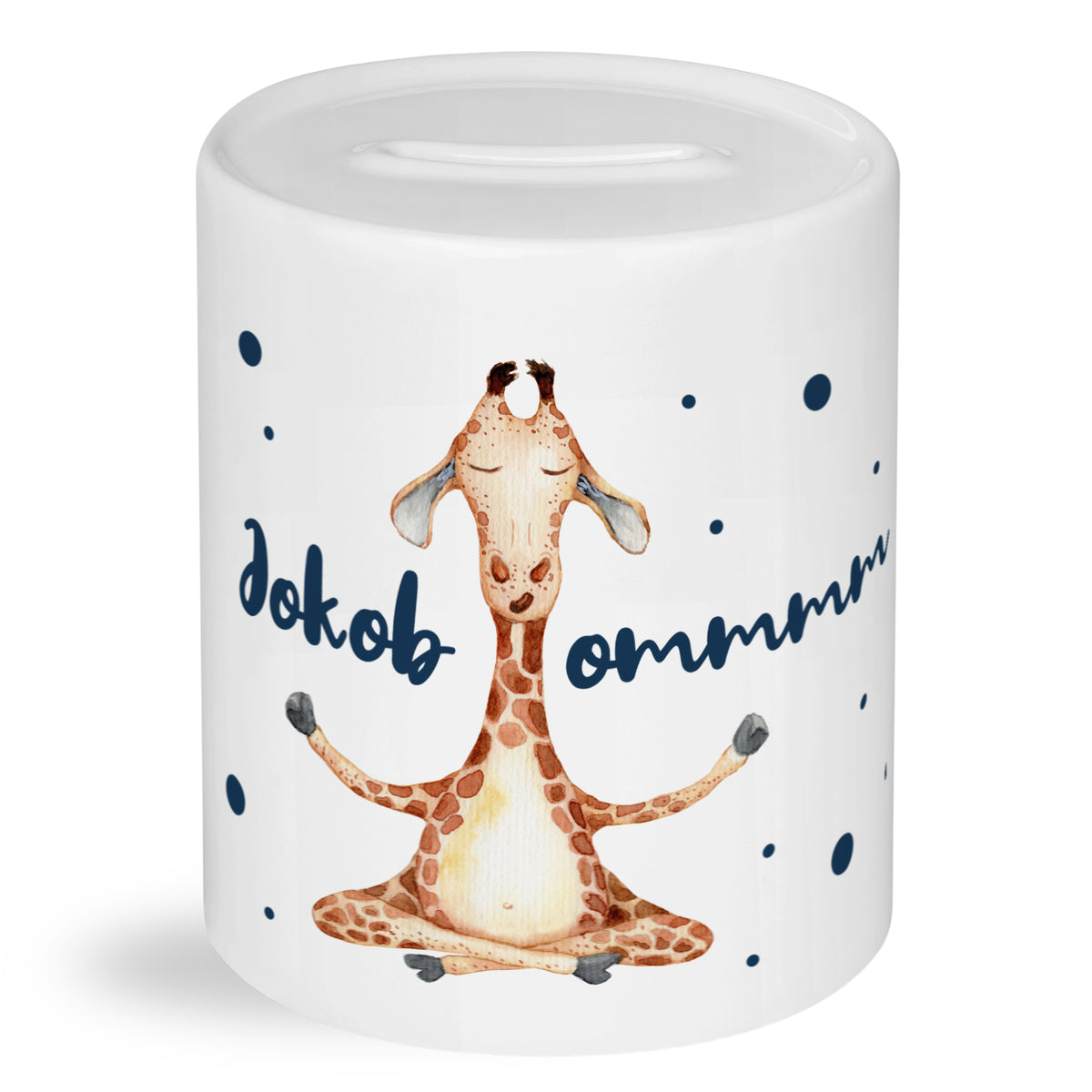 Spardose mit entspannter Giraffe und Schriftzug.