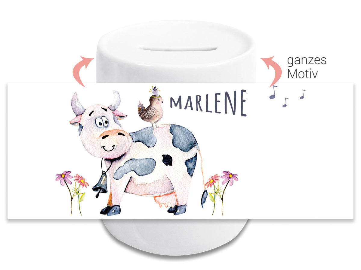 Sparschwein mit Kuhmotiv und personalisiertem Namen Marlene.