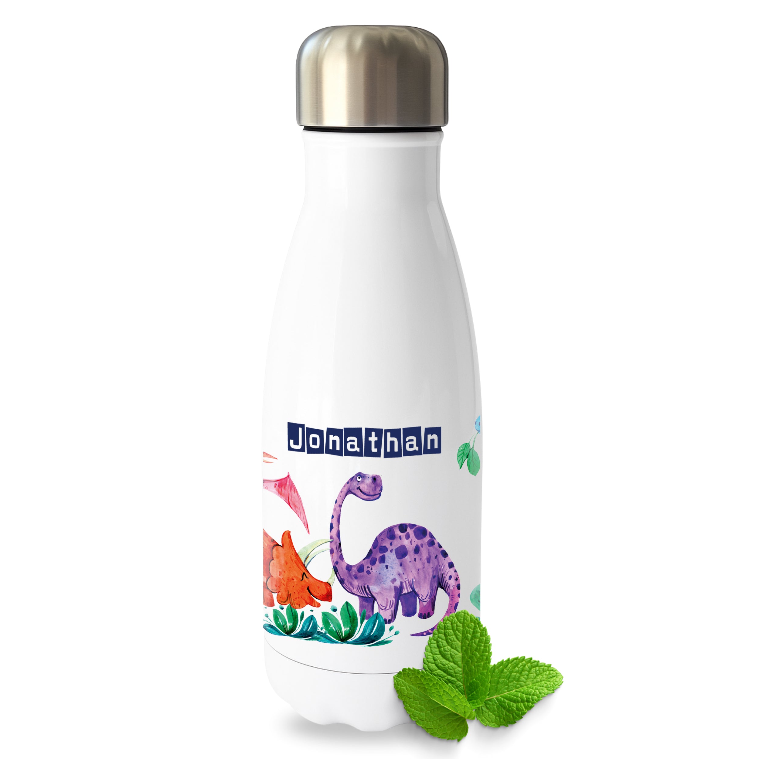 Weiße Edelstahl-Trinkflasche mit Dinosaurier-Motiv und personalisiertem Namen.