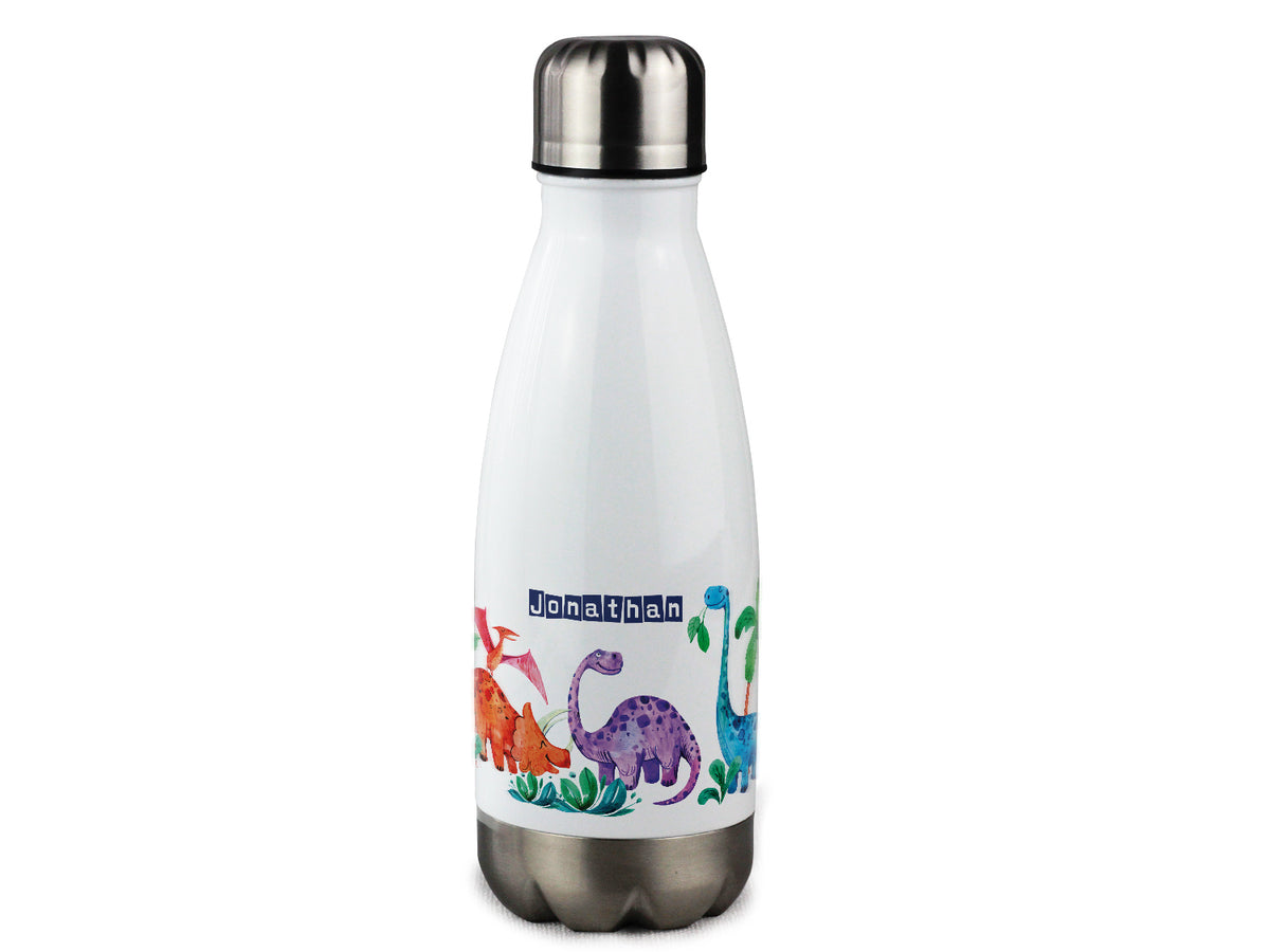 Weiße Edelstahl-Trinkflasche mit bunten Dinosaurier-Motiven.