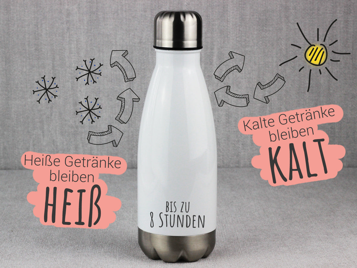 Weiße Thermosflasche, hält Getränke bis zu 8 Stunden heiß/kalt.