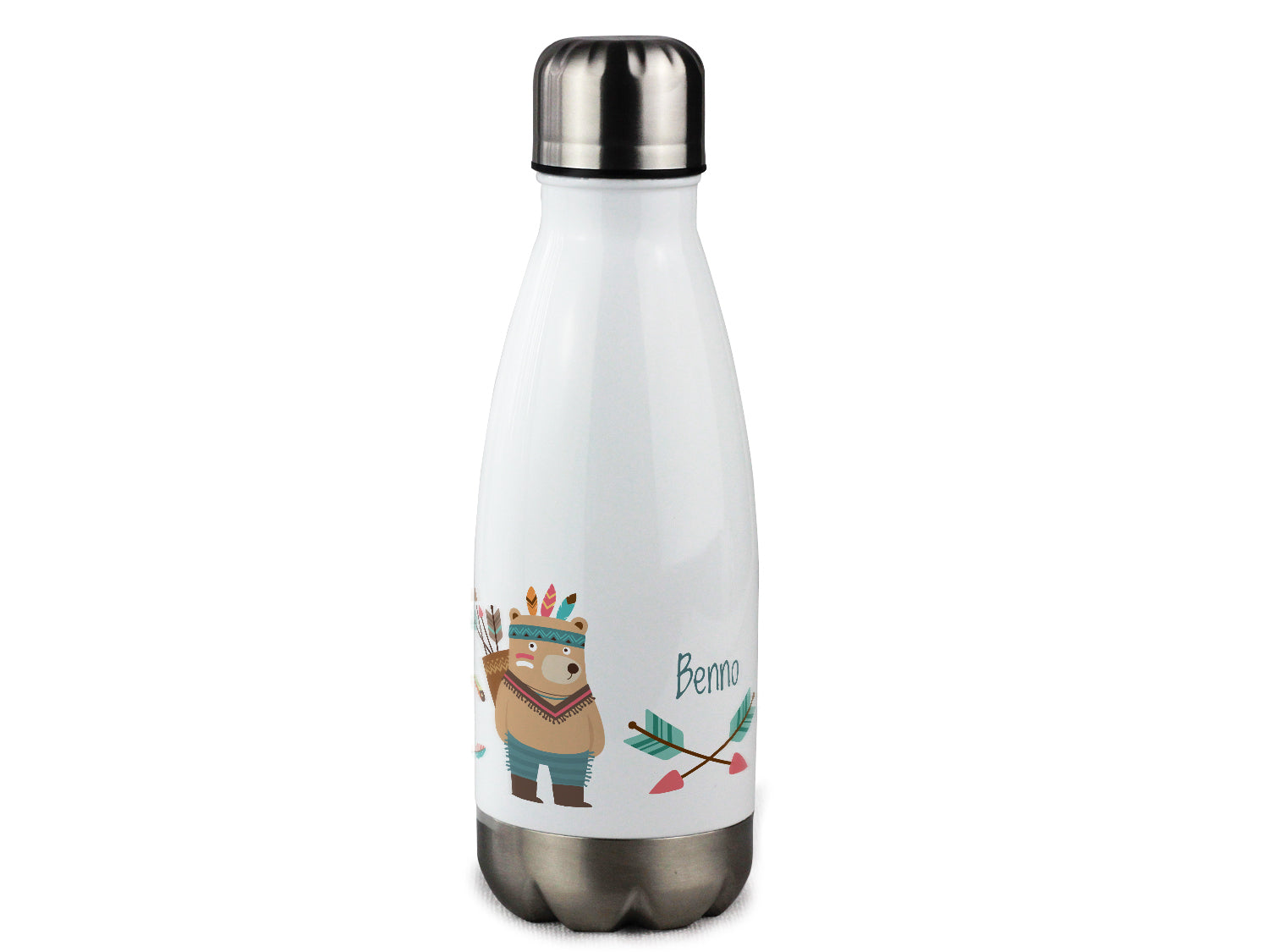 Weiße Edelstahl-Trinkflasche mit Bärenmotiv und Namen "Benno".