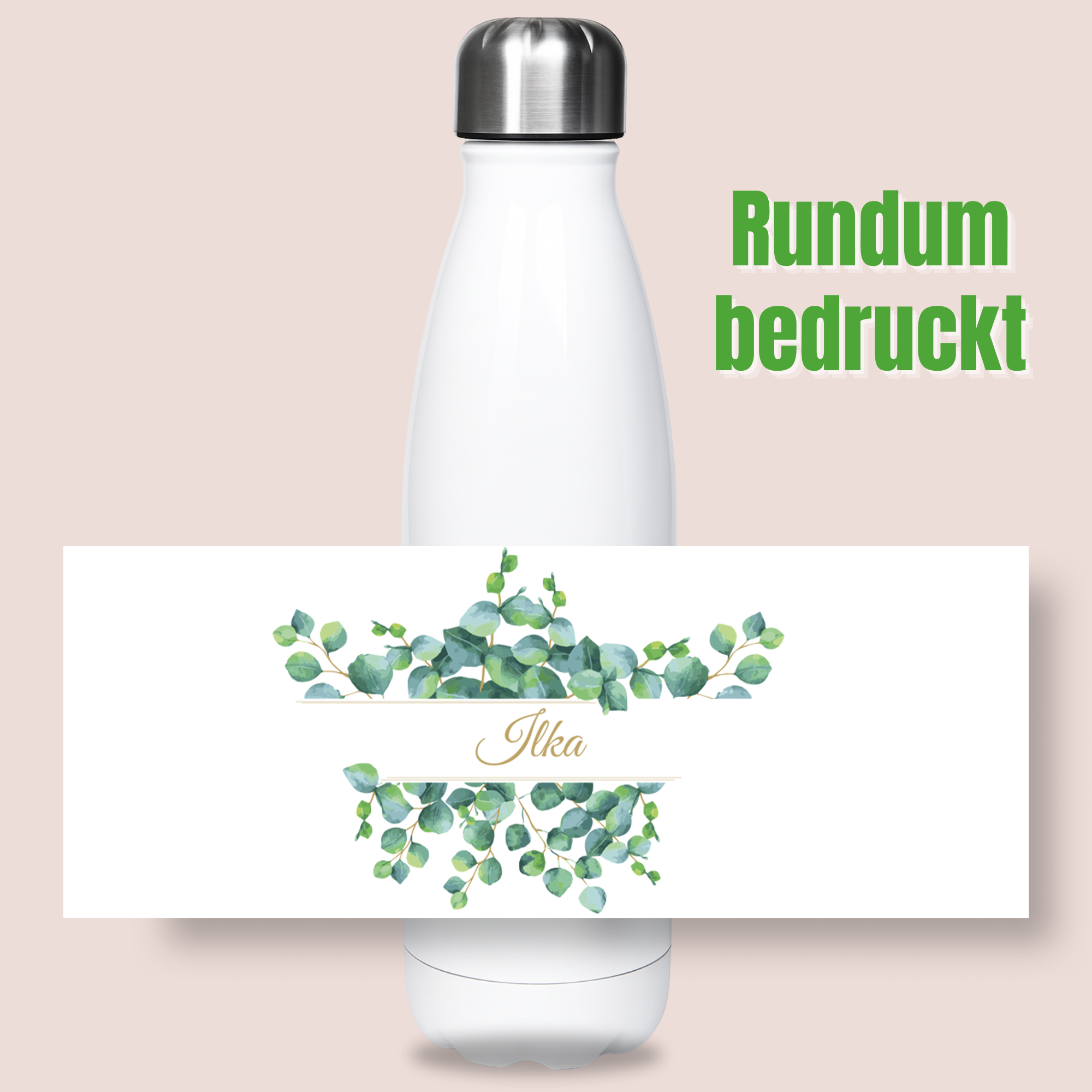Weiße Trinkflasche mit grünem Eukalyptus-Muster, rundum bedruckt.