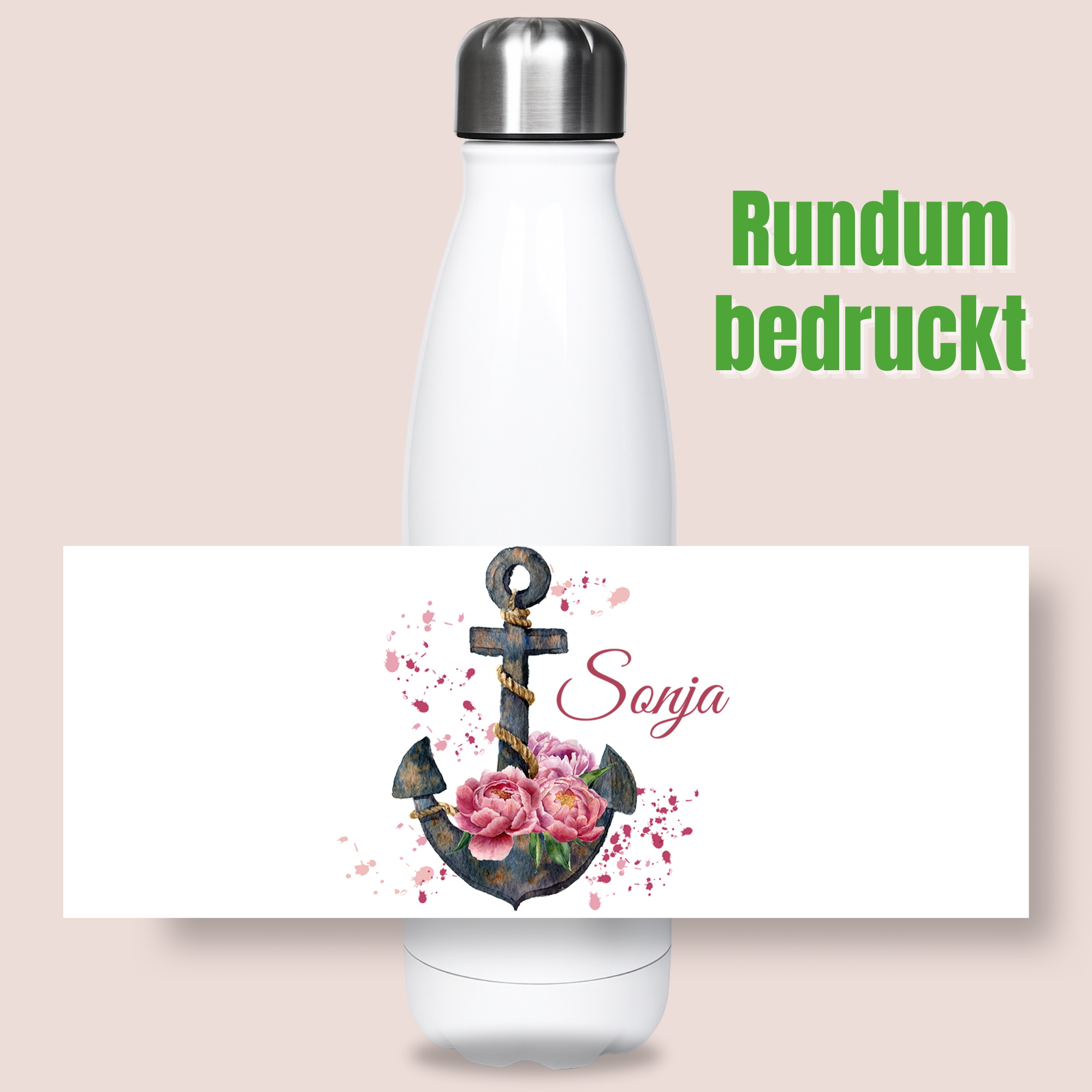 Weiße Trinkflasche mit Anker und Rosenmotiv.
