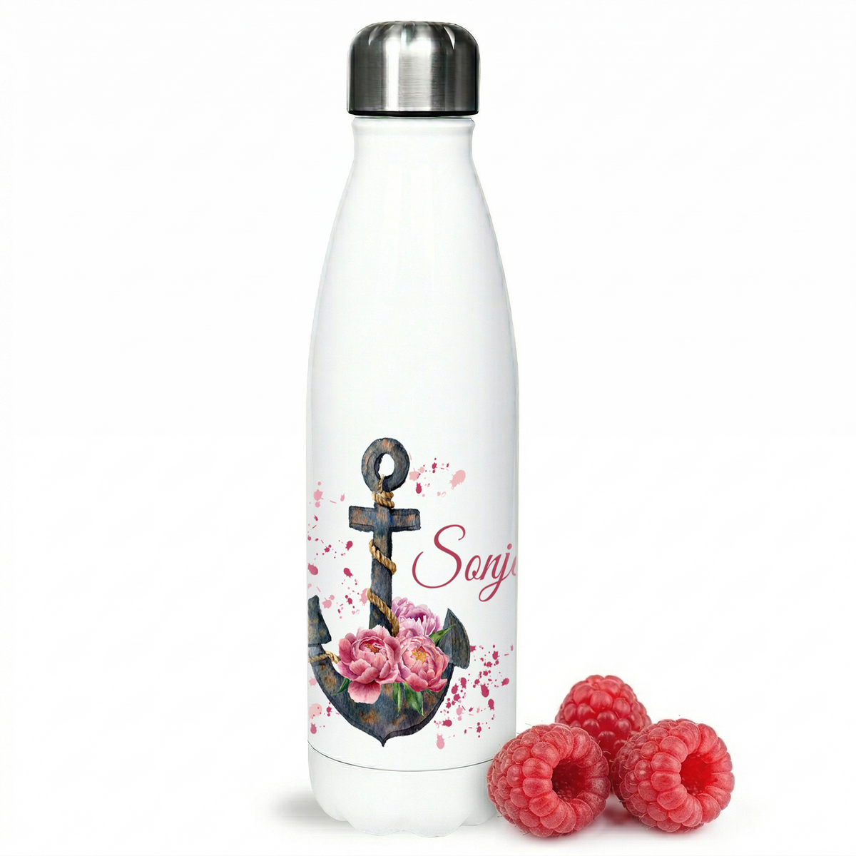 Weiße Edelstahl-Trinkflasche mit Anker und Rosenmotiv.