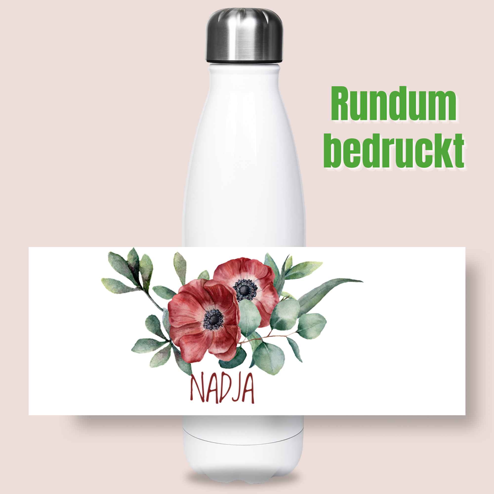 Weiße Edelstahl-Trinkflasche mit roten Blumen und Namen.