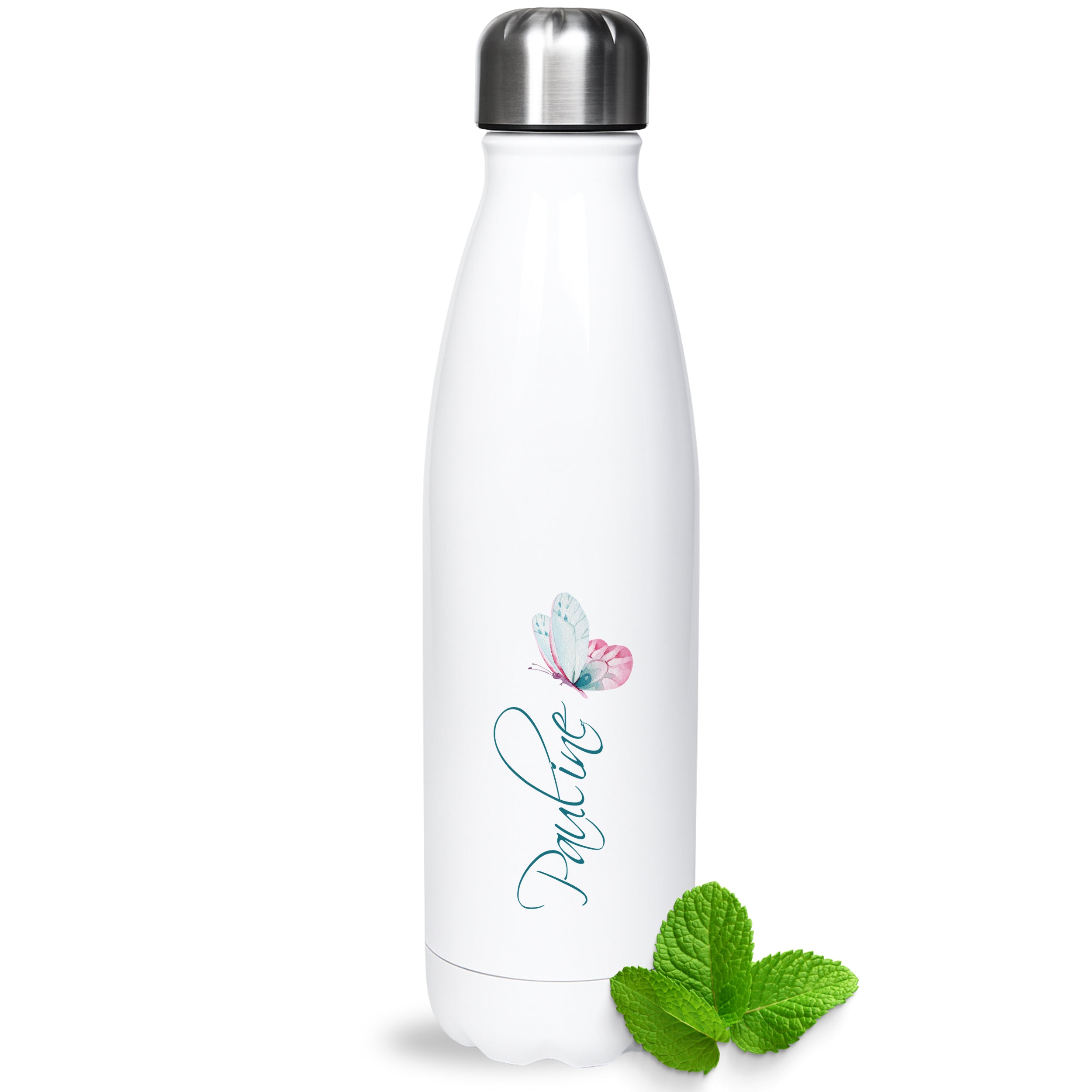 Weiße Edelstahl-Trinkflasche mit Schmetterlingsdesign.