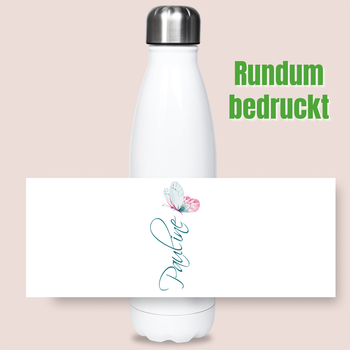 Weiße Trinkflasche mit buntem Schmetterlingsdesign.