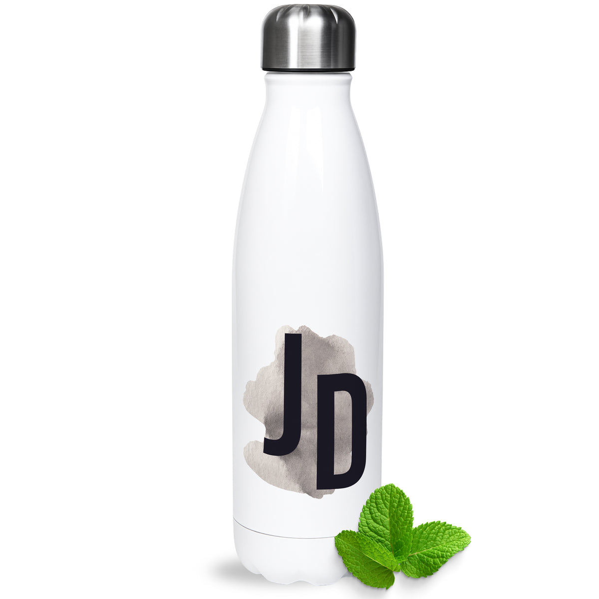 Weiße Edelstahl-Trinkflasche mit grauem Logo und Minzblatt.