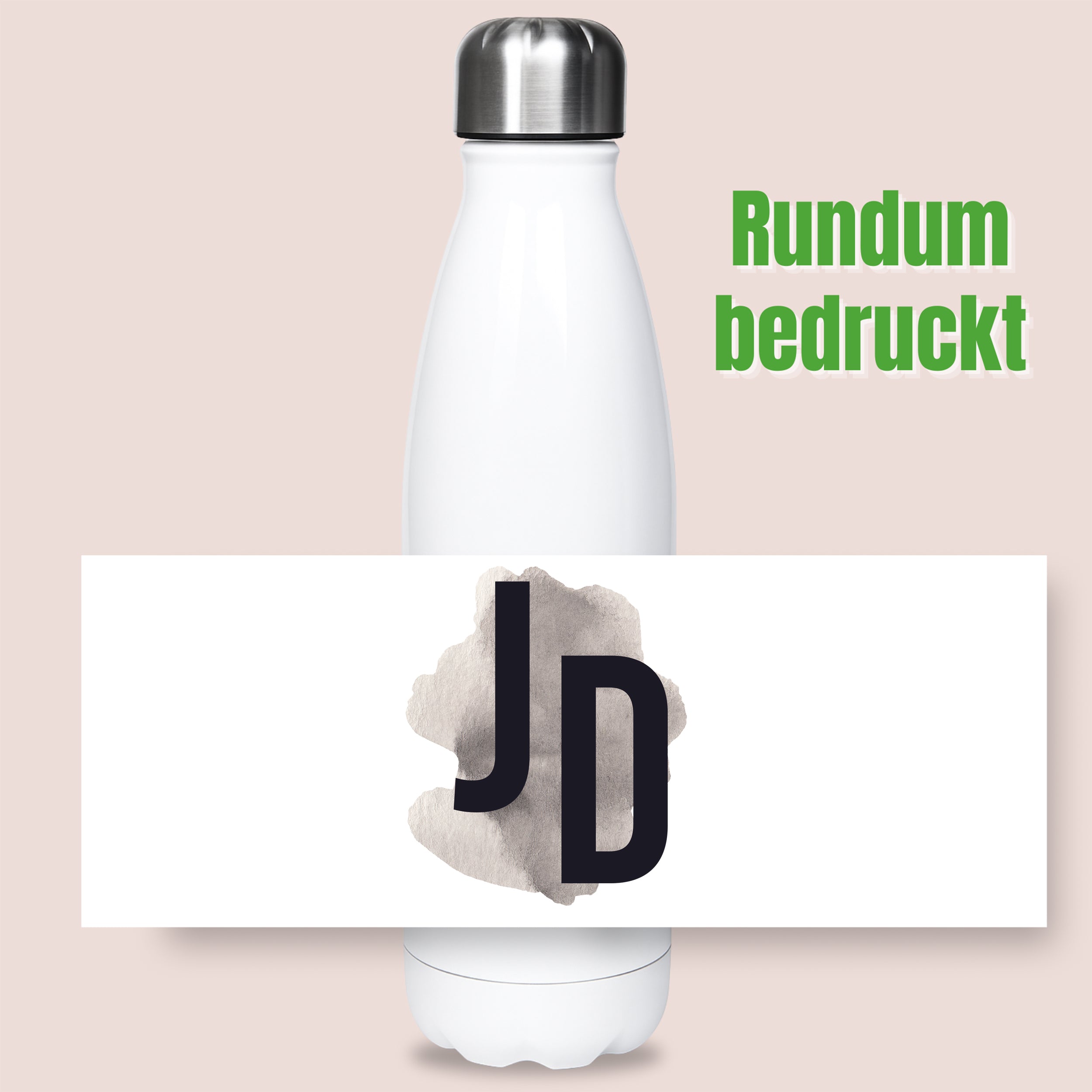 Weiße Trinkflasche mit rundum bedrucktem JD-Logo.