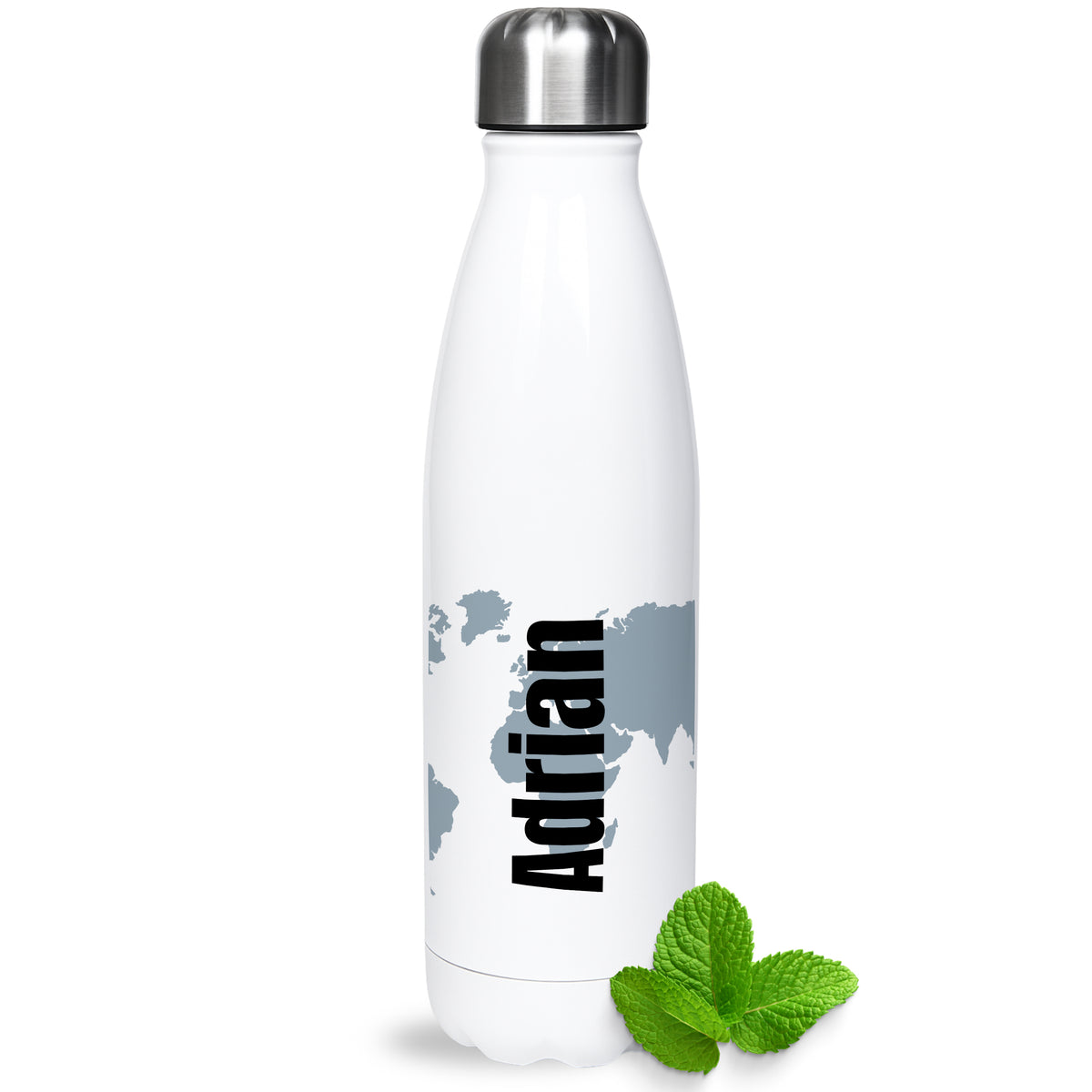 Weiße Edelstahl-Trinkflasche mit Weltkarte und schwarzem Text.