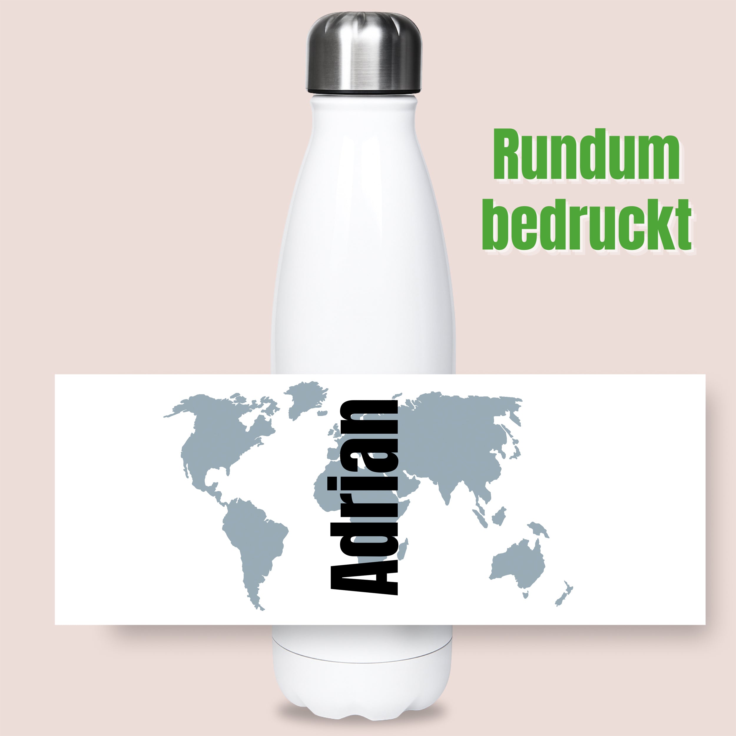 Weiße Trinkflasche mit Weltkarte und Namen "Adrian".