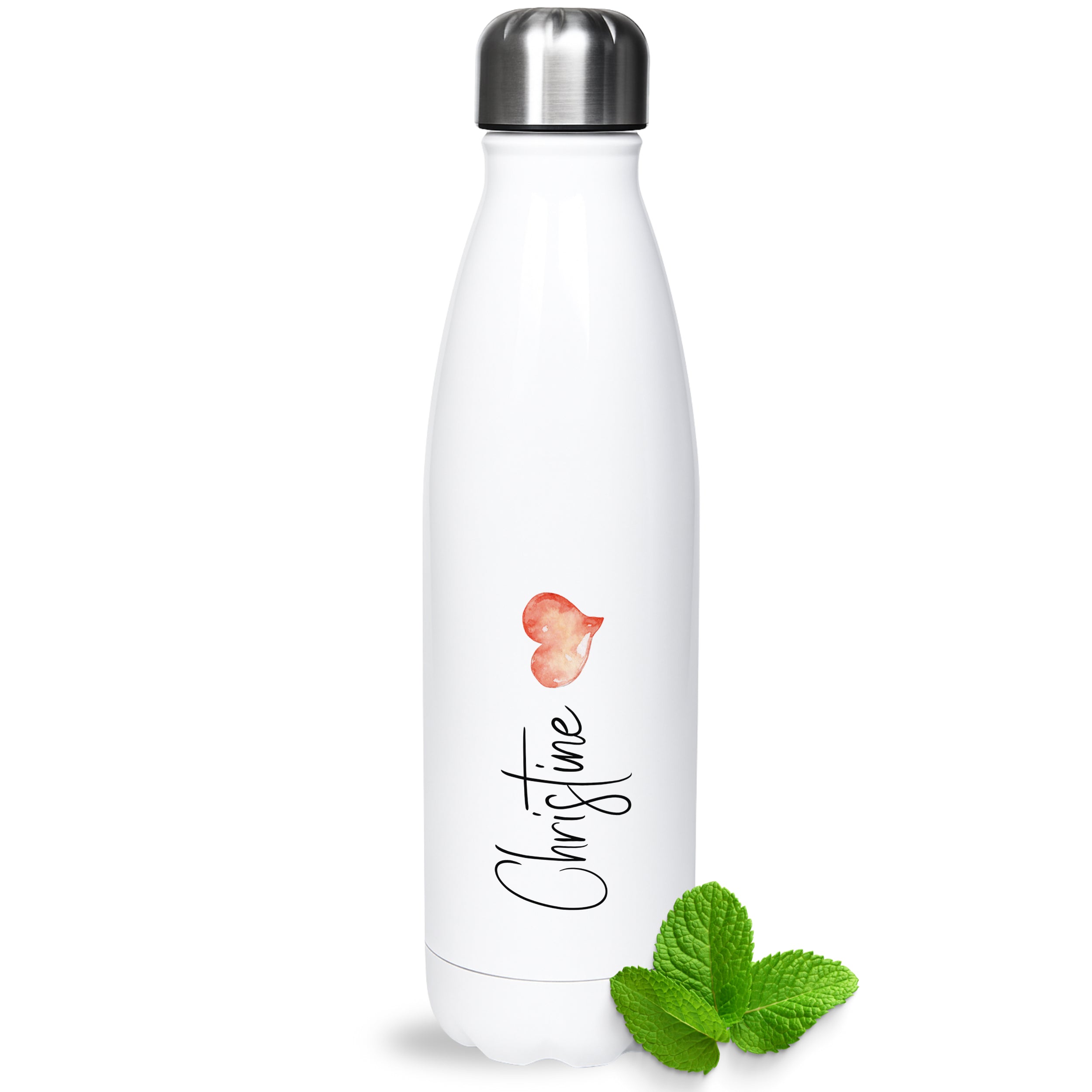Weiße Edelstahl-Trinkflasche mit personalisiertem Namen und Herzmotiv.