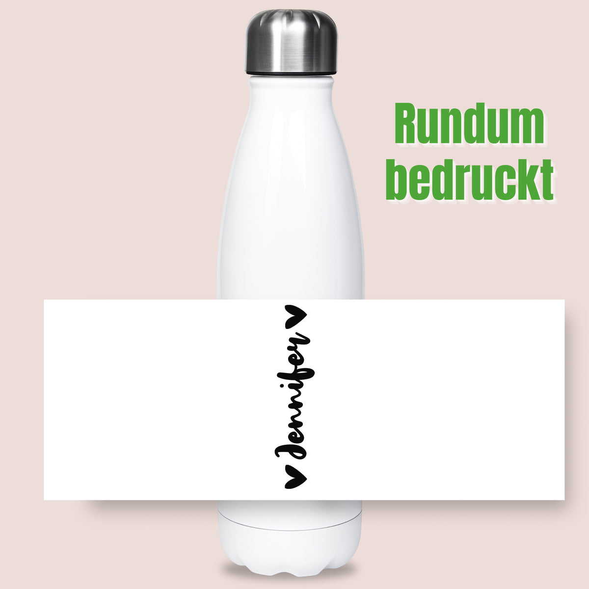 Weiße Edelstahl-Trinkflasche mit schwarzer Schrift "Jennifer"
