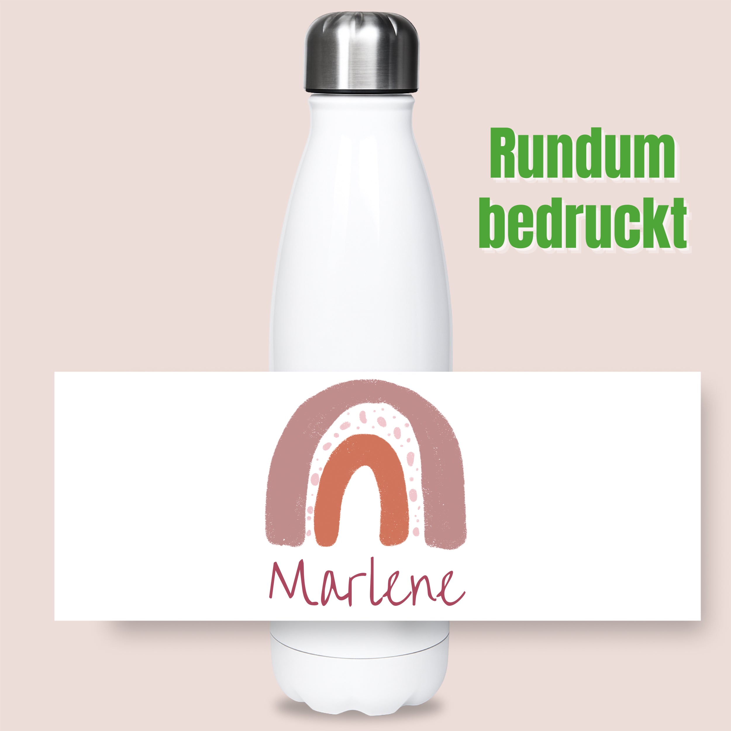 Weiße Trinkflasche mit buntem Regenbogen und Namen Marlene.