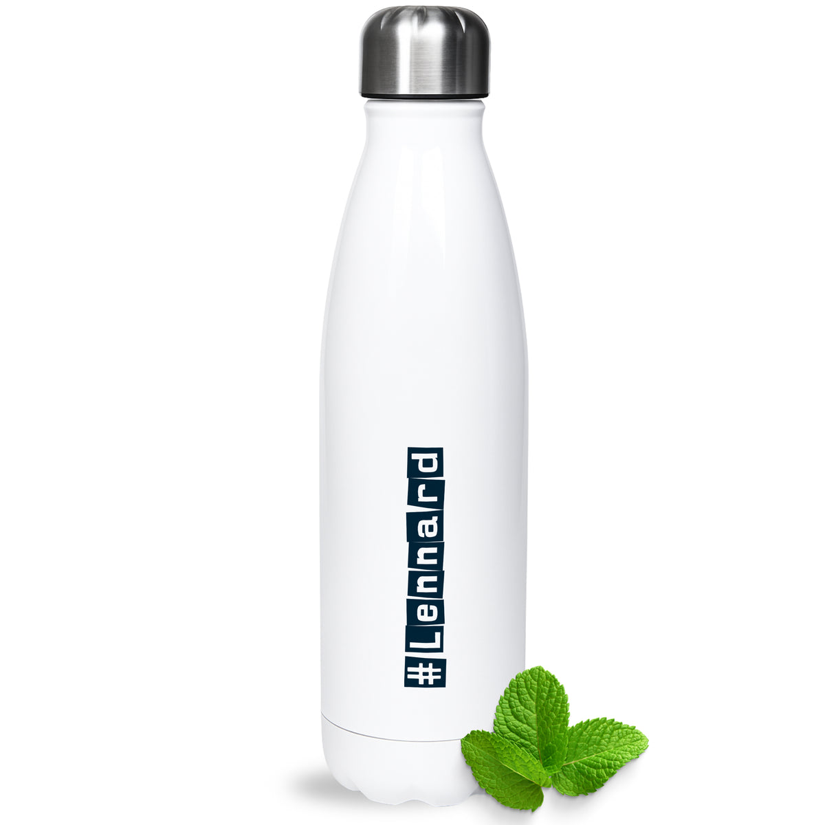 Weiße Edelstahl-Trinkflasche mit #Lehnard und Minze.