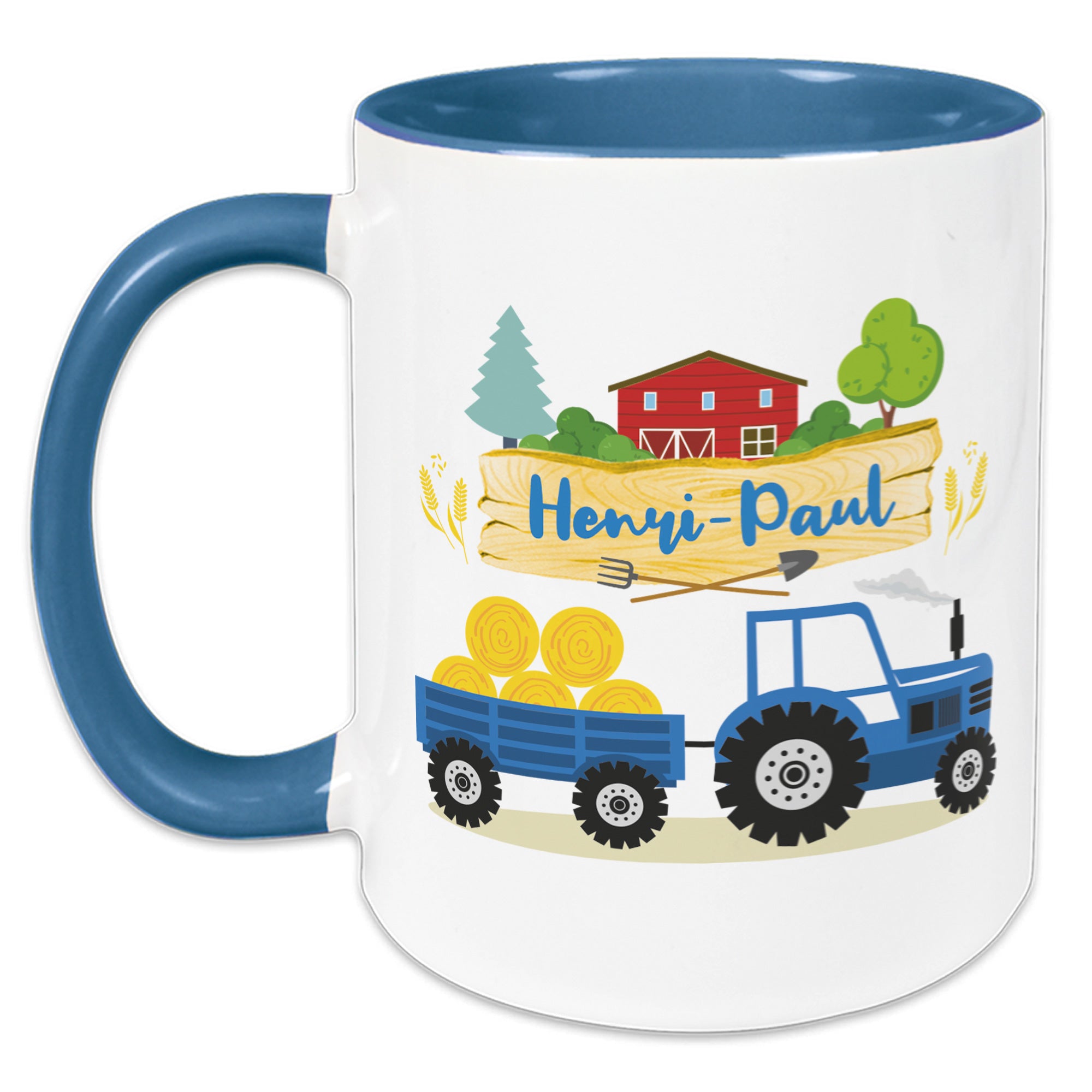 Bunte Tasse mit Traktor-Design und personalisiertem Namen.
