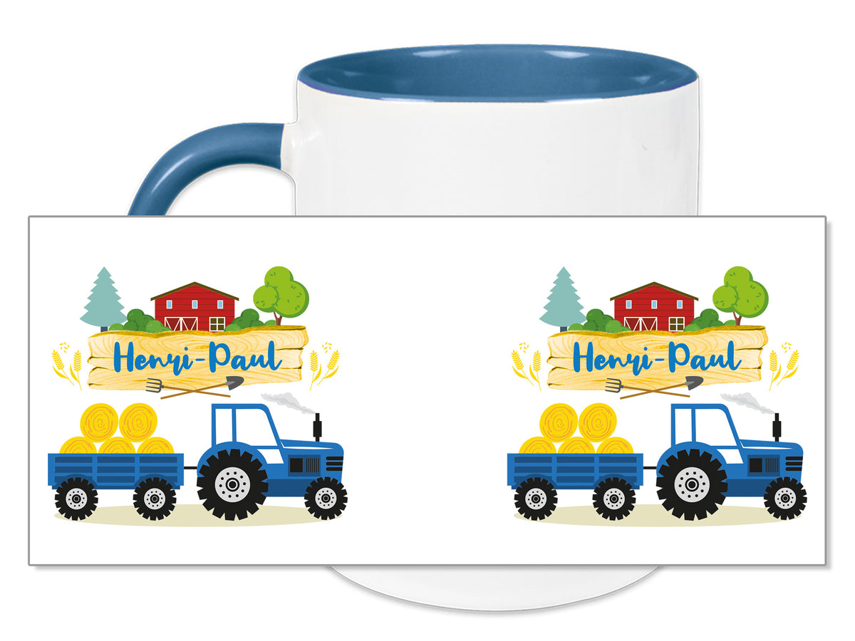 Tasse mit blauem Henkel, Traktor-Design und Namen "Henri-Paul".