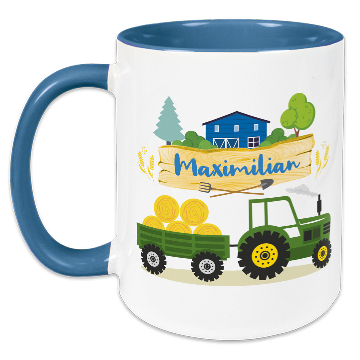 Tasse mit blauem Henkel, Traktor und personalisiertem Namen.