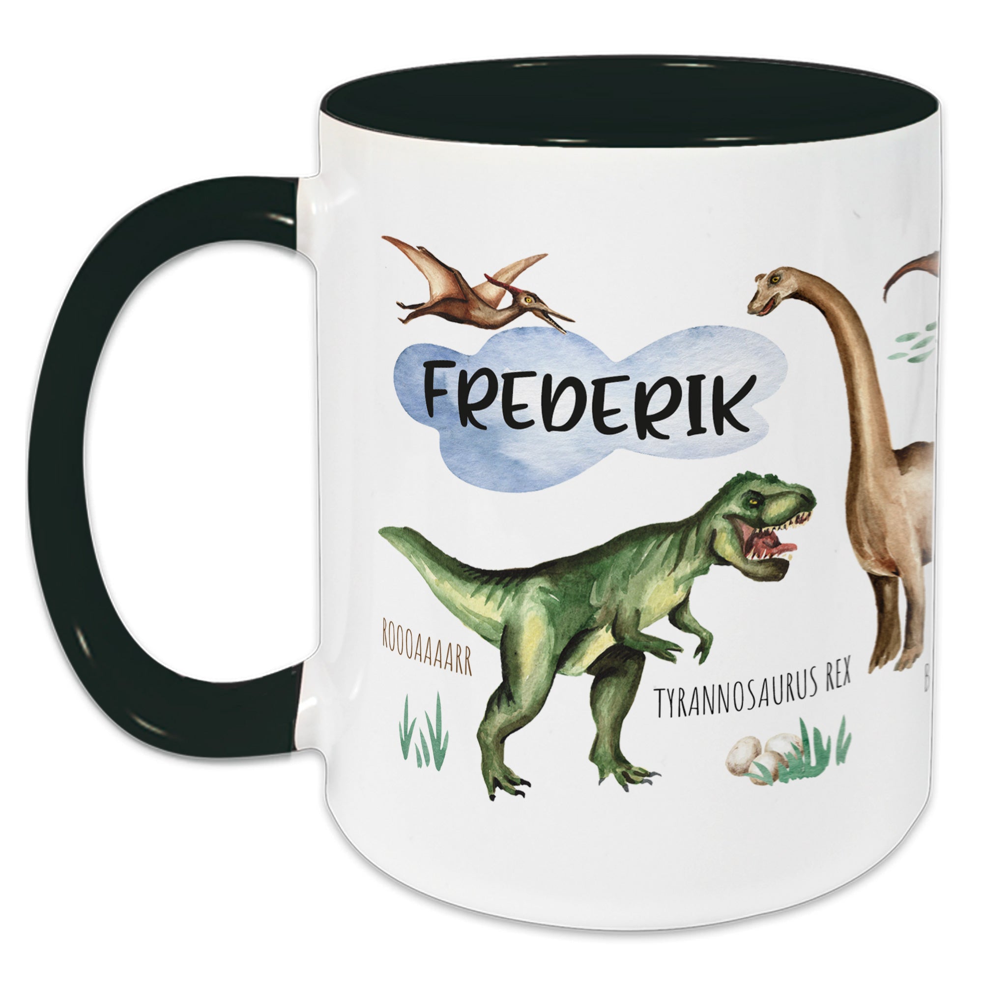 Tasse mit Dinosauriern, grüner Tyrannosaurus Rex, Name "Frederik".