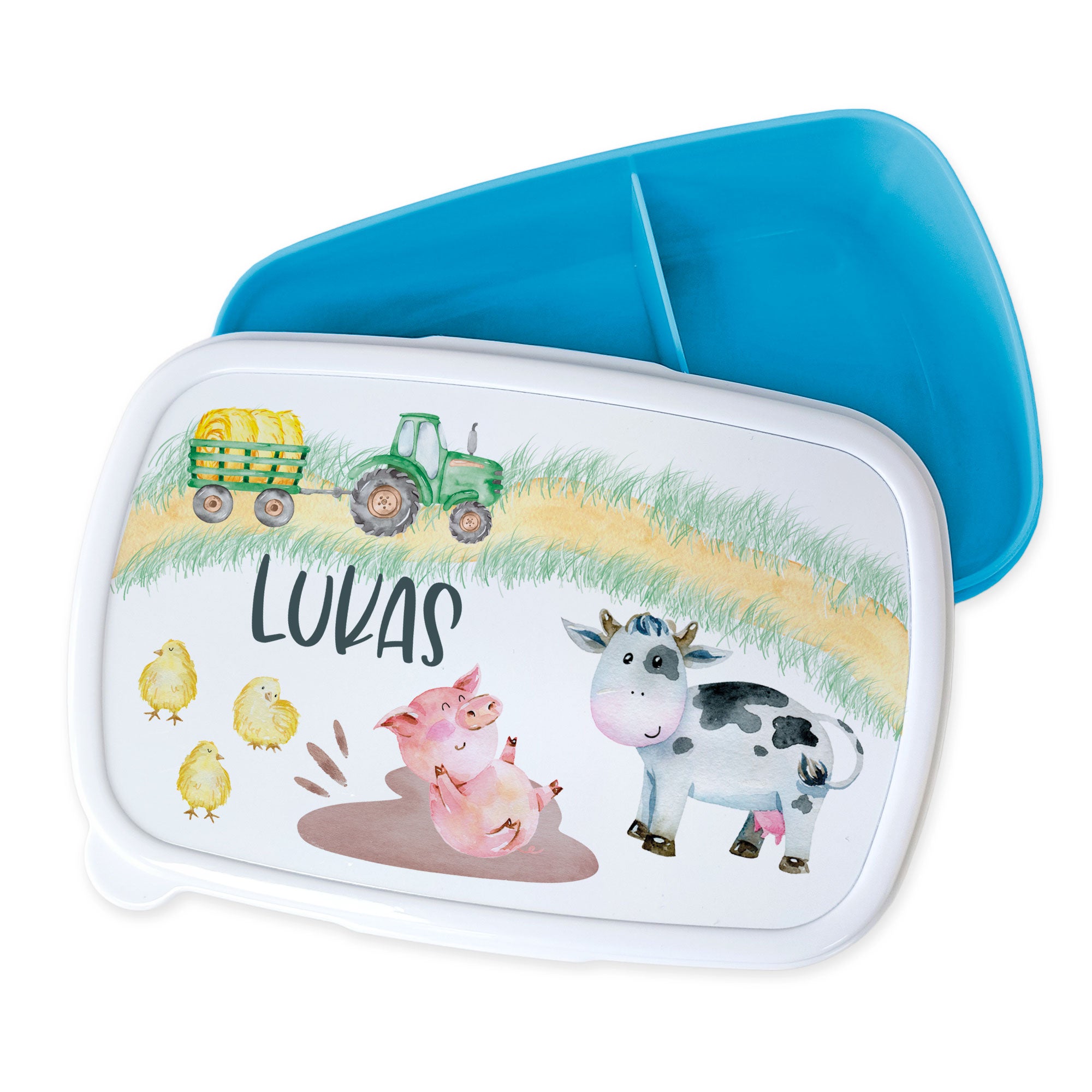 Bento-Box mit Bauernhofmotiven, blau und weiß, personalisiert.