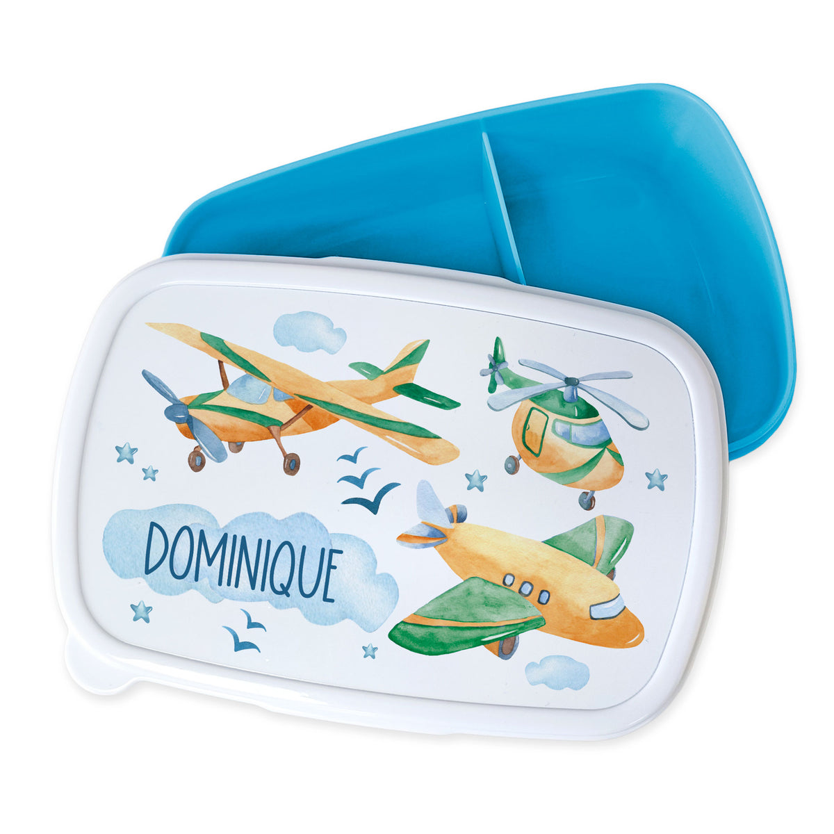 Bento-Box mit Flugzeug-Motiven und blauem Innenleben.