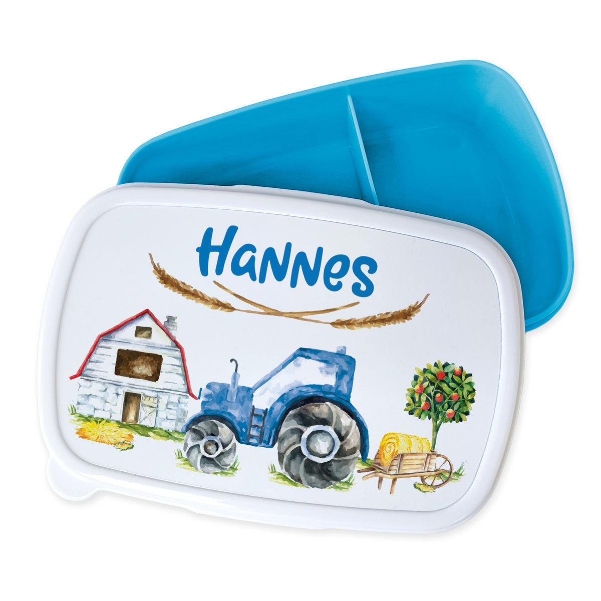 Bento-Box mit blauem Deckel, Traktor und Bauernhof-Motiv.