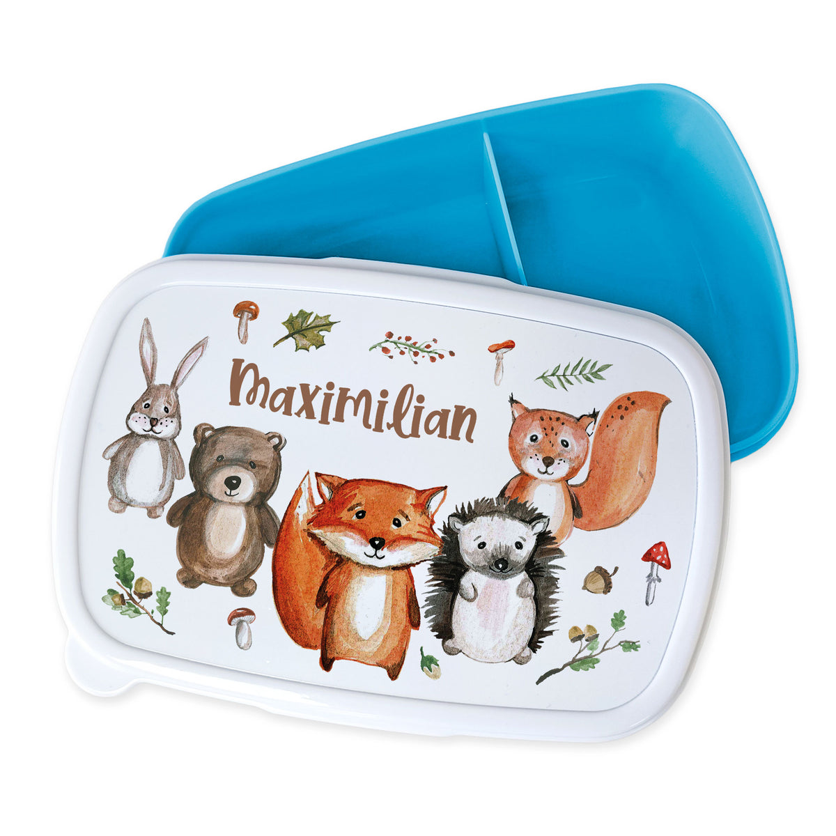Bunte Brotdose mit Tieren und Name "Maximilian"
