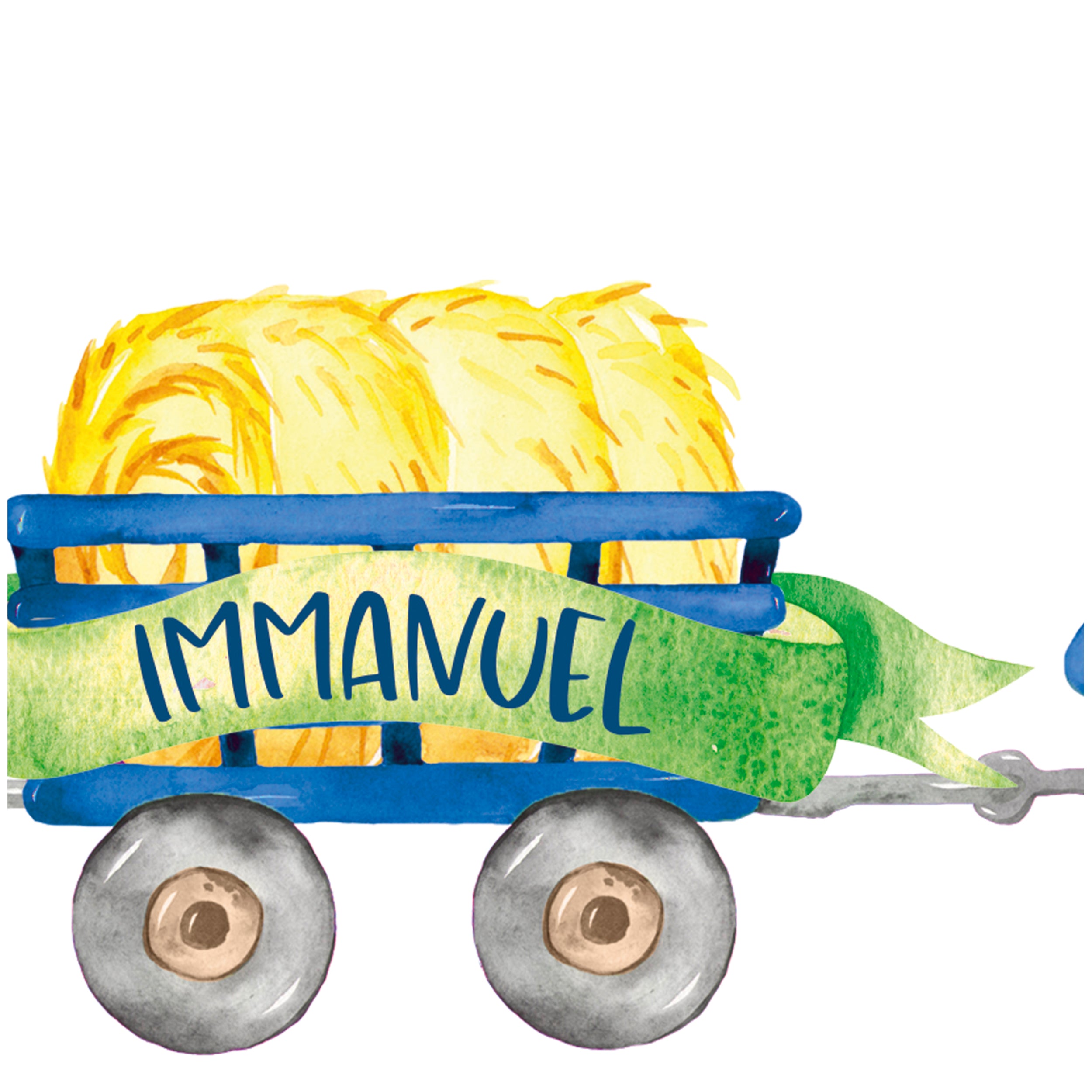 Blauer Wagen mit gelbem Heu und grünem Banner "IMMANUEL".