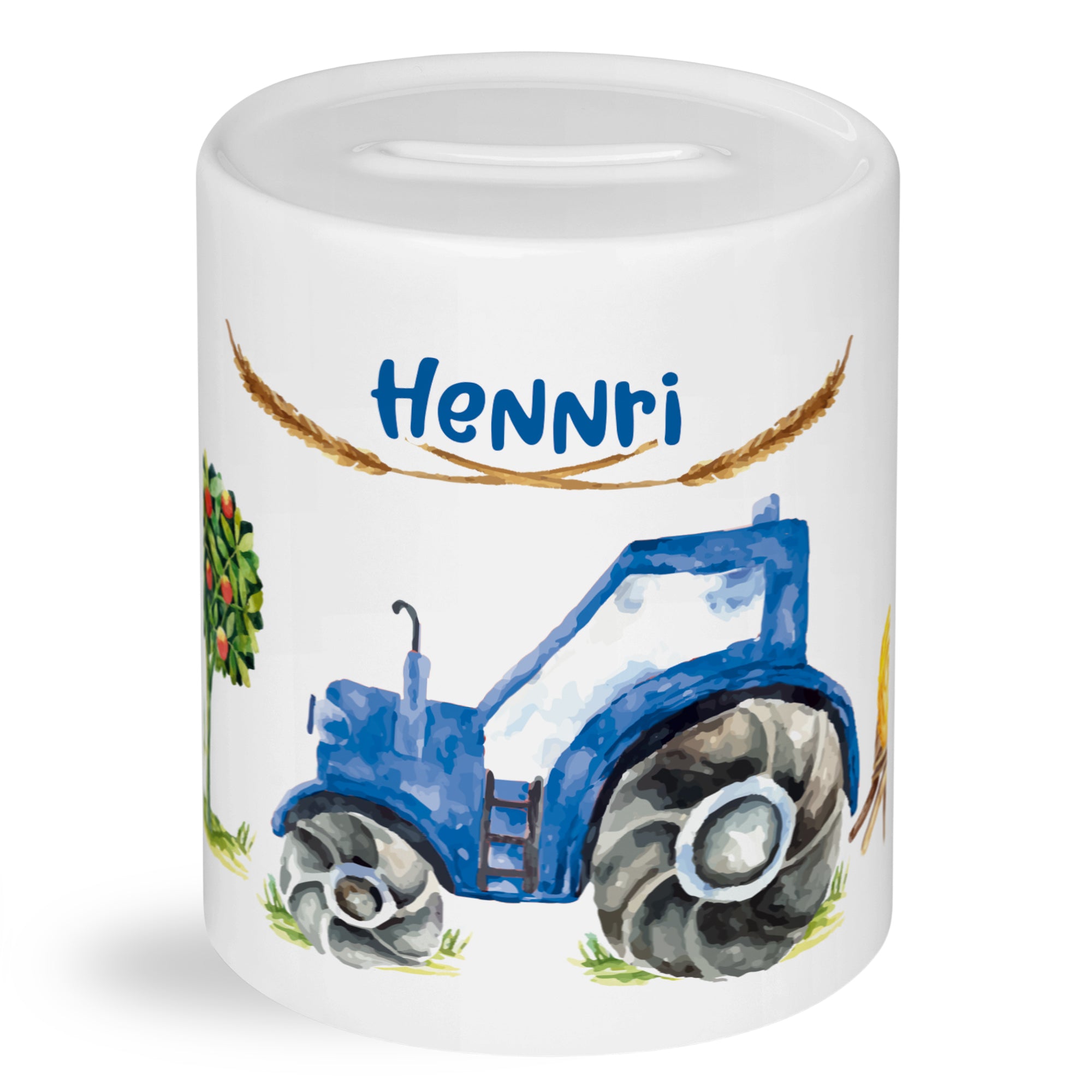 Spardose mit blauem Traktor und Namen "Henri".