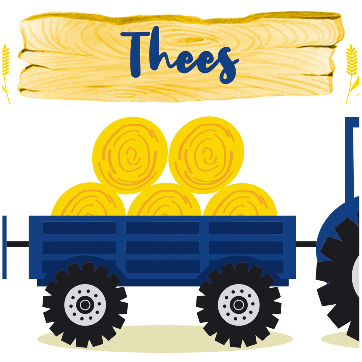Blauer Traktor mit gelben Heuballen im Anhänger.