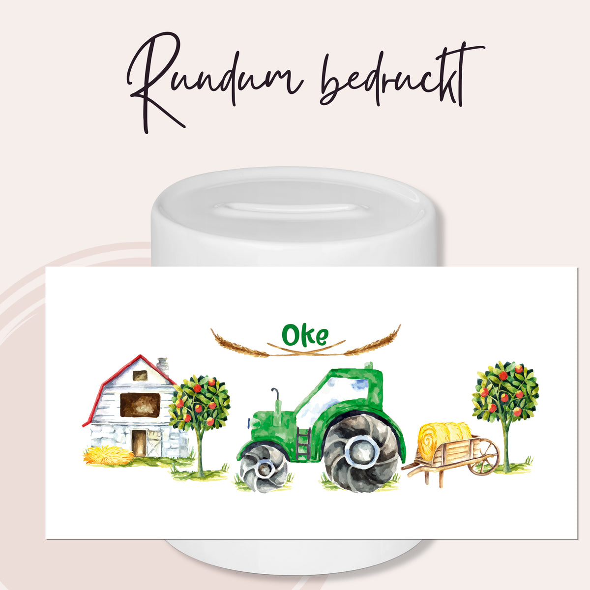 Grüner Traktor, Bauernhaus, Äpfel, Heuwagen, rundum bedruckt.