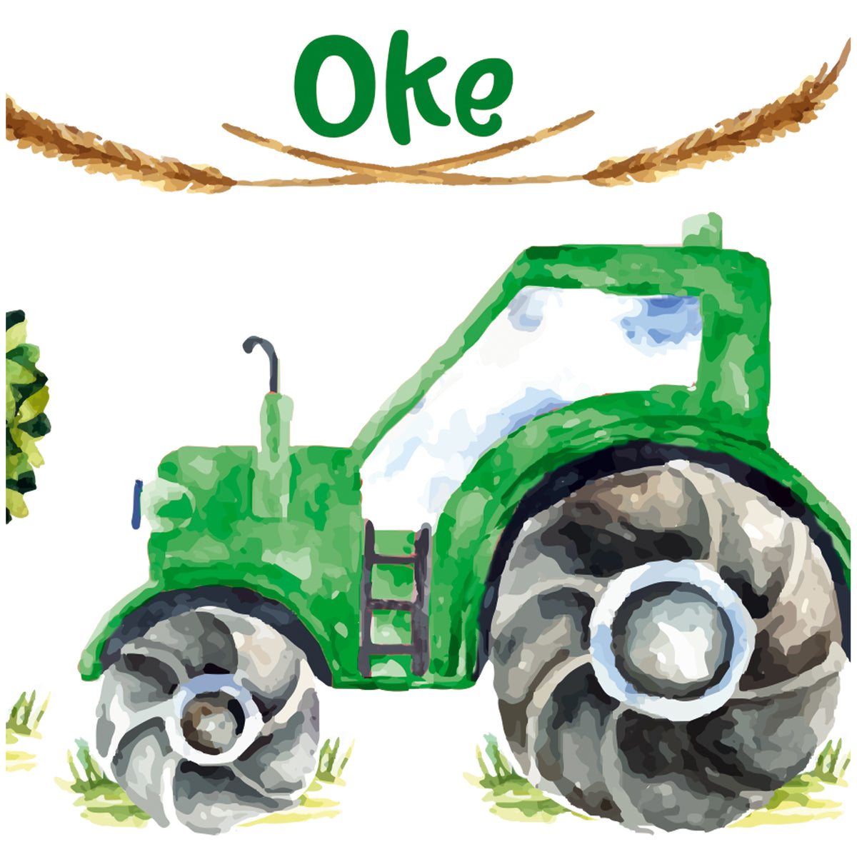 Grüner Traktor mit großen Rädern und blauen Details.