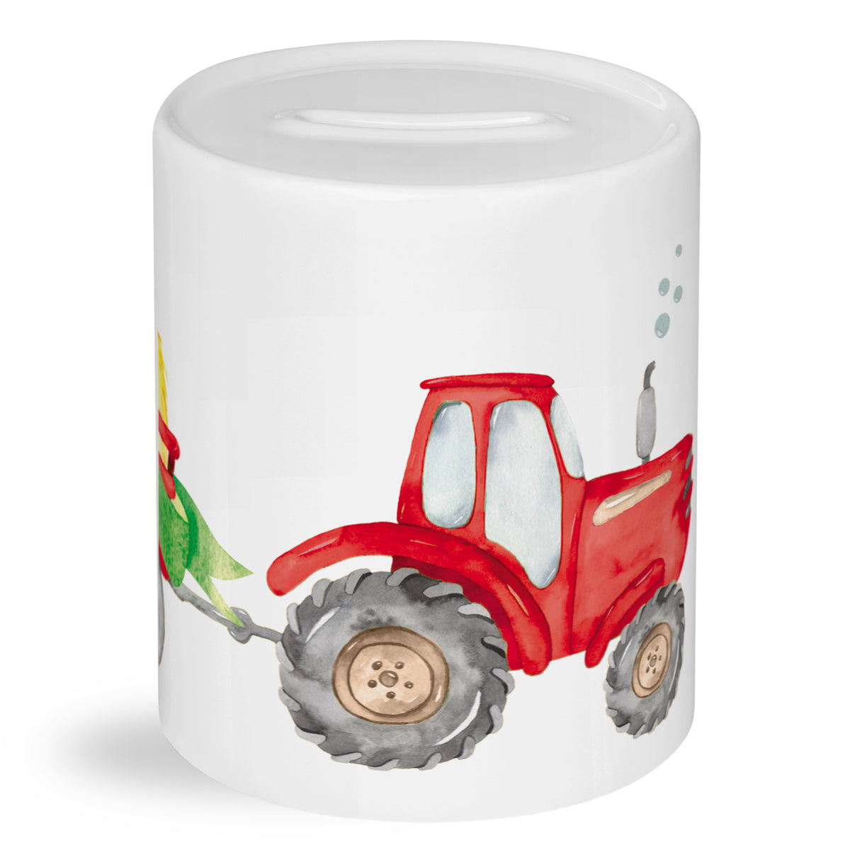 Roter Traktor mit grüner Ladung auf weißem Hintergrund.