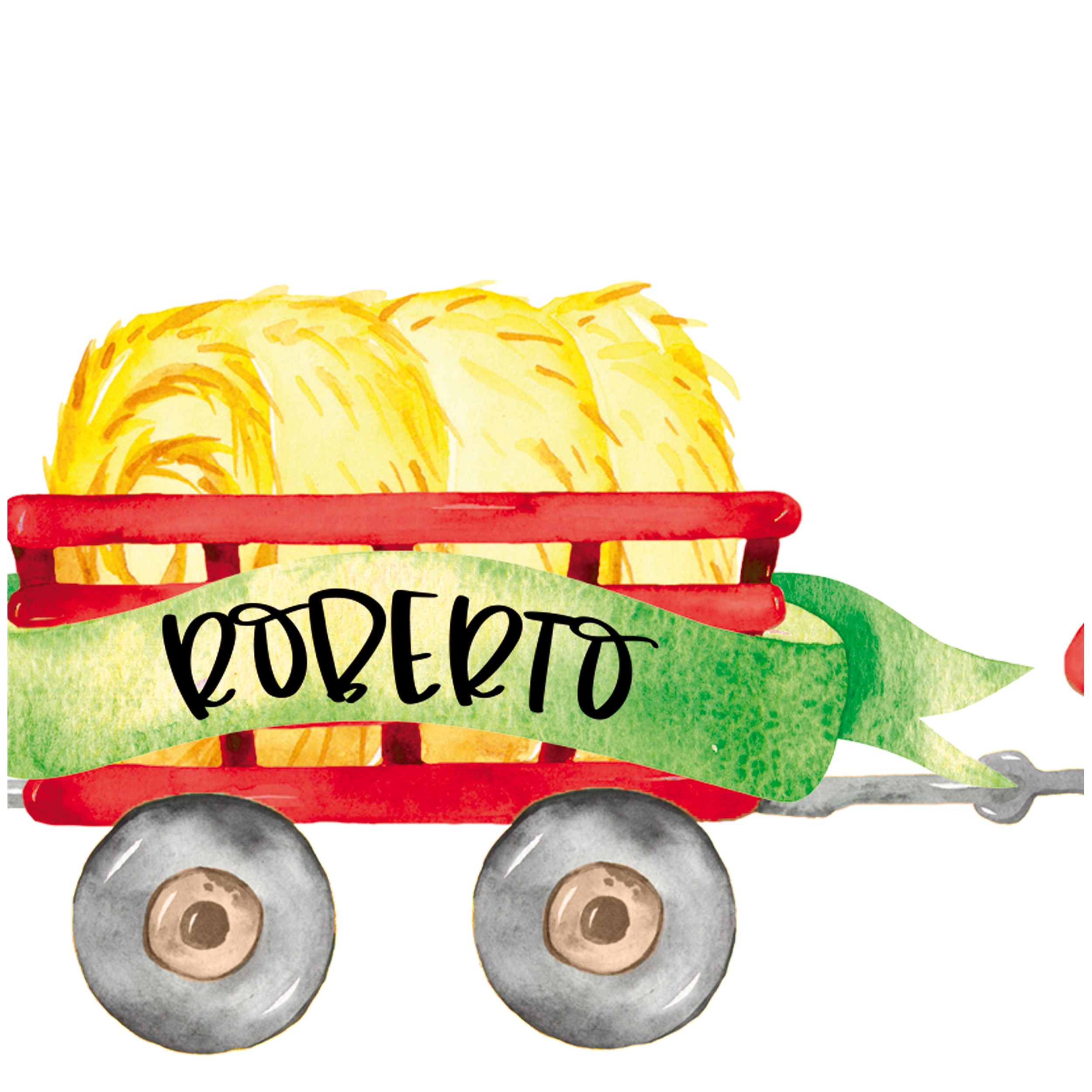Roter Wagen mit Heuballen und grünem Banner "Roberto"