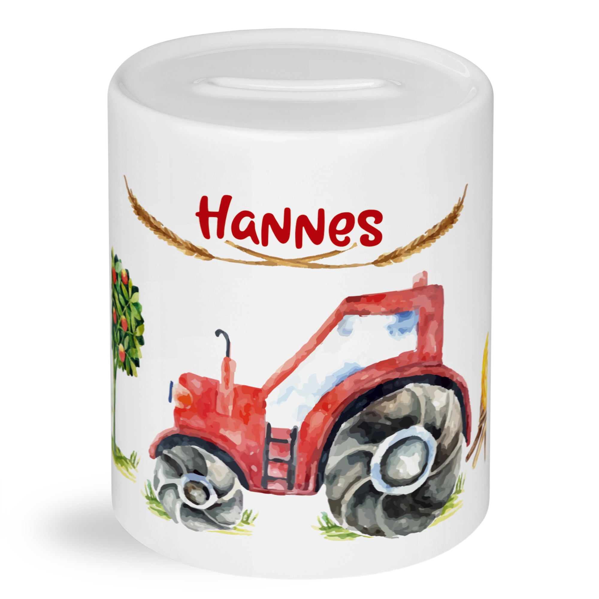 Spardose mit rotem Traktor und personalisiertem Namen Hannes.