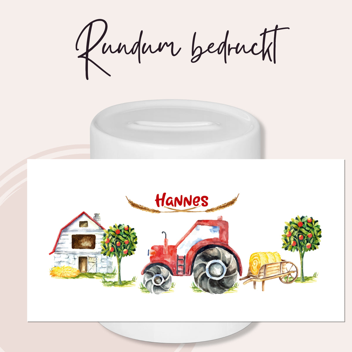 Kaffeetasse mit rotem Traktor und ländlichem Motiv.