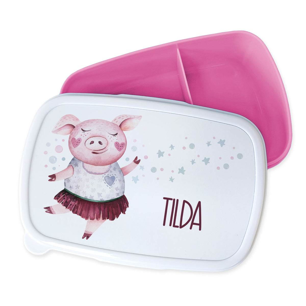 Bento-Box mit rosa Innenteil und Tilda-Schwein-Motiv.