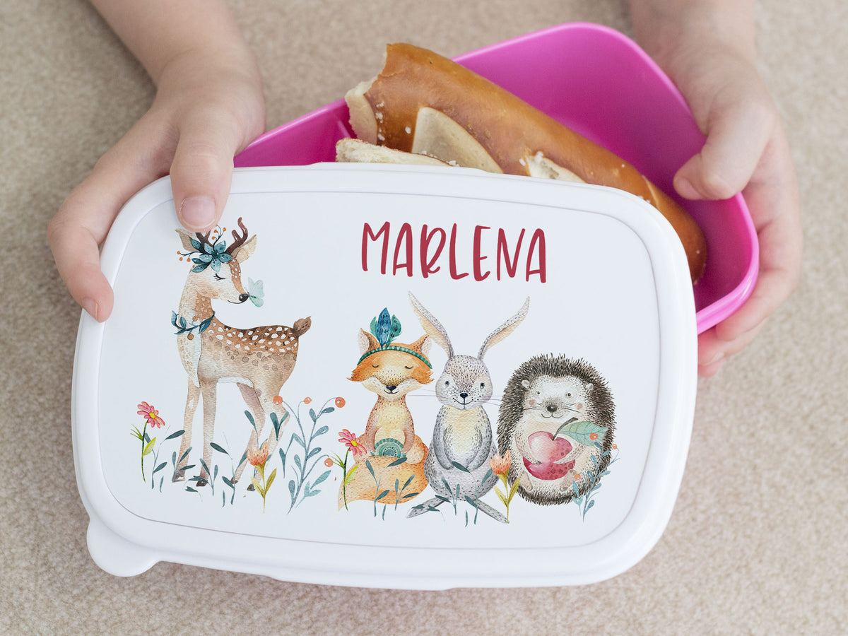 Bunte Brotdose mit Tiermotiven und Namen "Marlena".